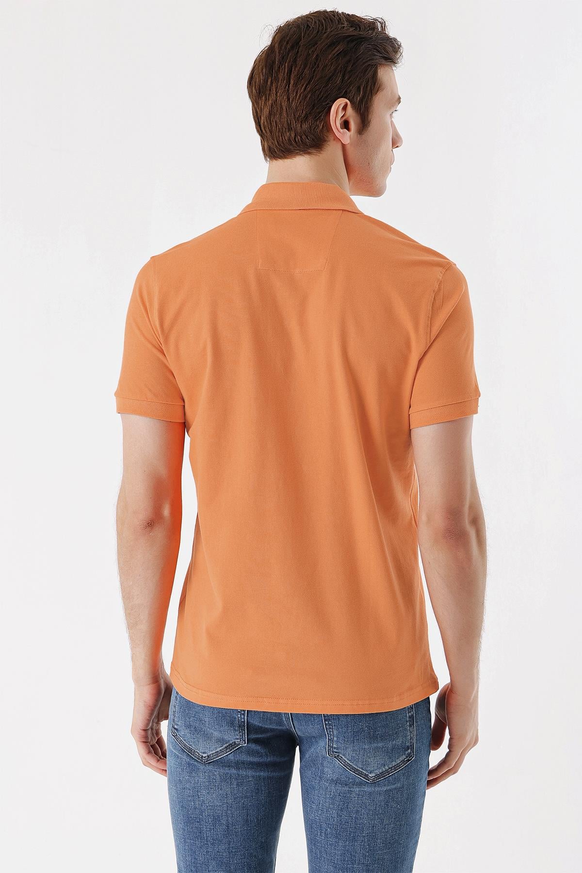 Erkek Oranj Basic Düz %100 Pamuk Slim Fit Dar Kesim Kısa Kollu  Polo Yaka Tişört