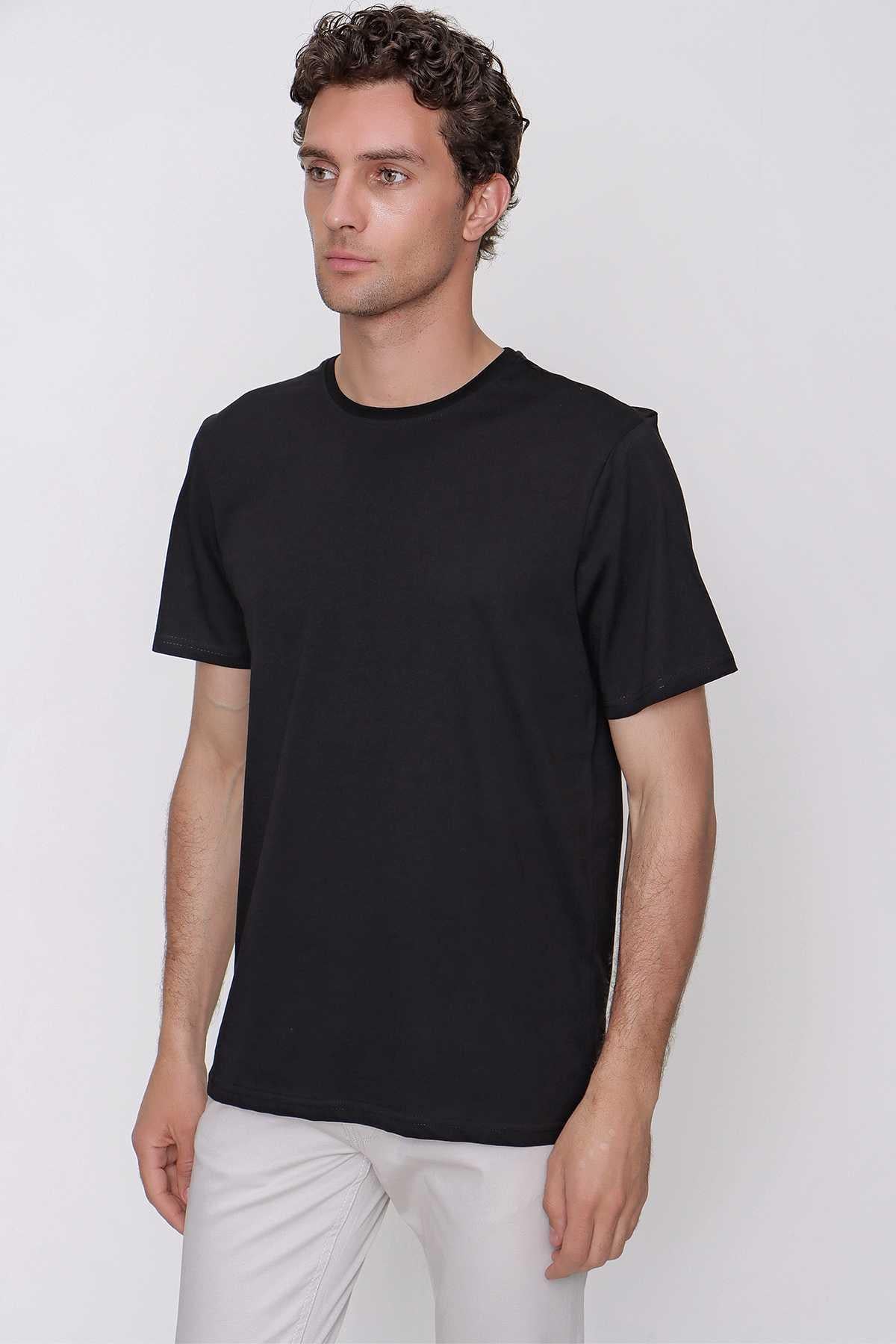 Erkek Siyah Basic Düz %100 Pamuk Bisiklet Yaka Slim Fit Dar Kesim Kısa Kollu Tişört