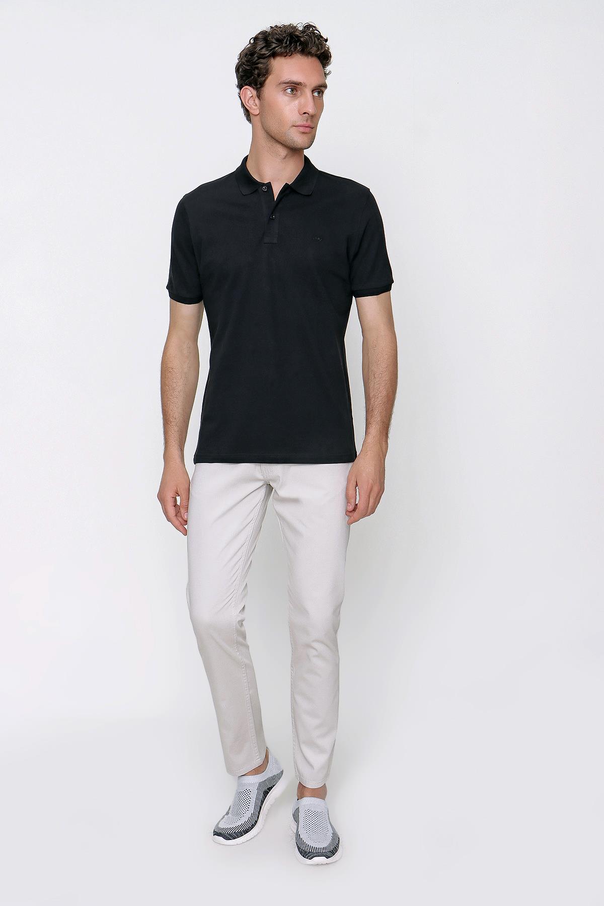 Erkek Siyah Basic Düz %100 Pamuk Slim Fit Dar Kesim Kısa Kollu Polo Yaka Tişört