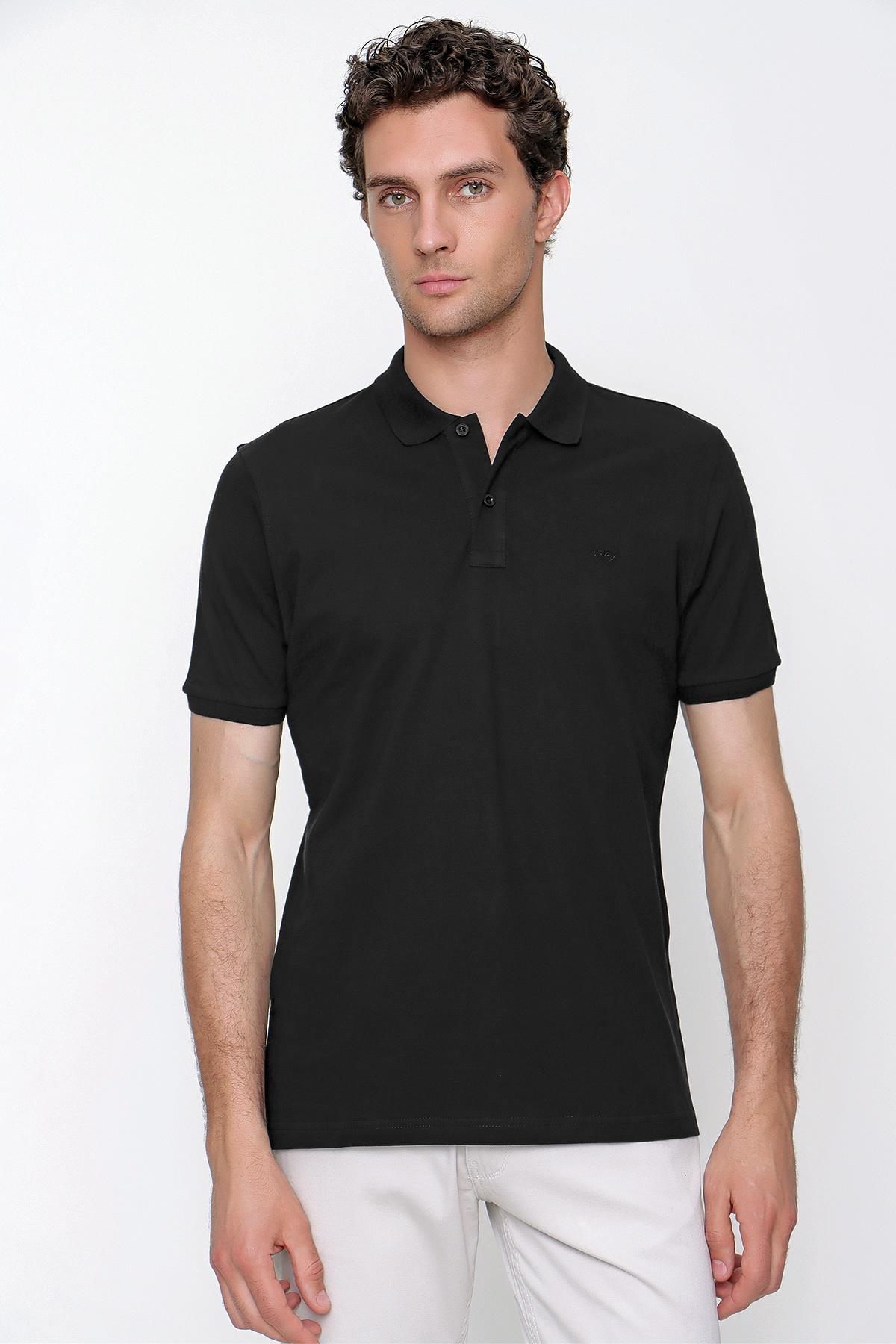 Erkek Siyah Basic Düz %100 Pamuk Slim Fit Dar Kesim Kısa Kollu Polo Yaka Tişört