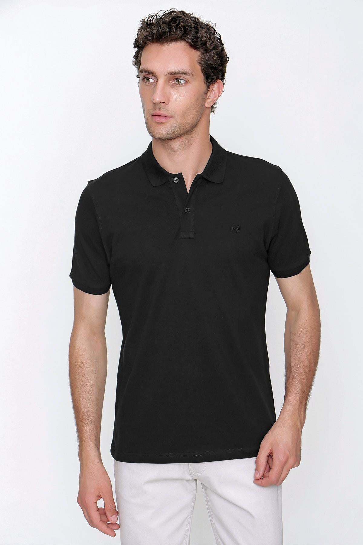 Erkek Siyah Basic Düz %100 Pamuk Slim Fit Dar Kesim Kısa Kollu Polo Yaka Tişört