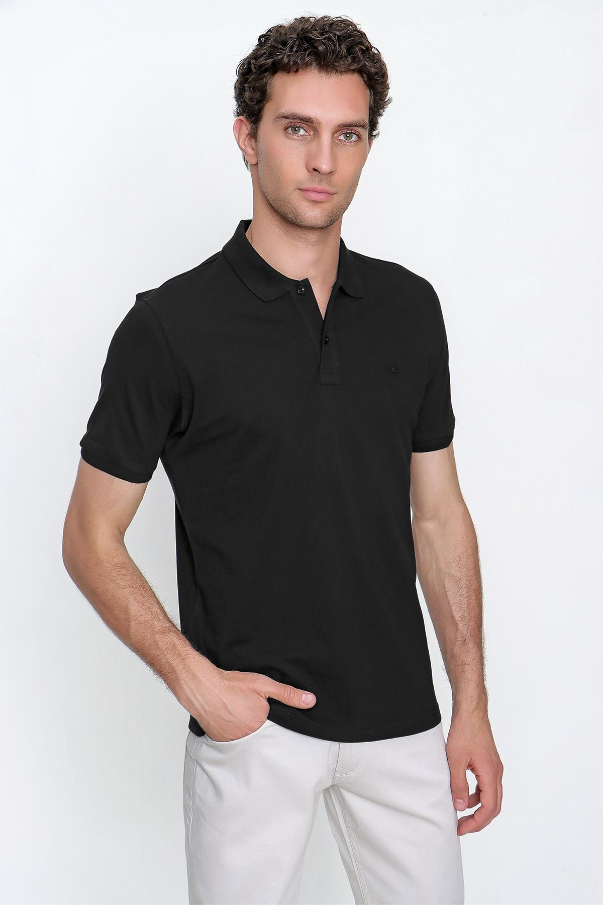 Erkek Siyah Basic Düz %100 Pamuk Slim Fit Dar Kesim Kısa Kollu Polo Yaka Tişört