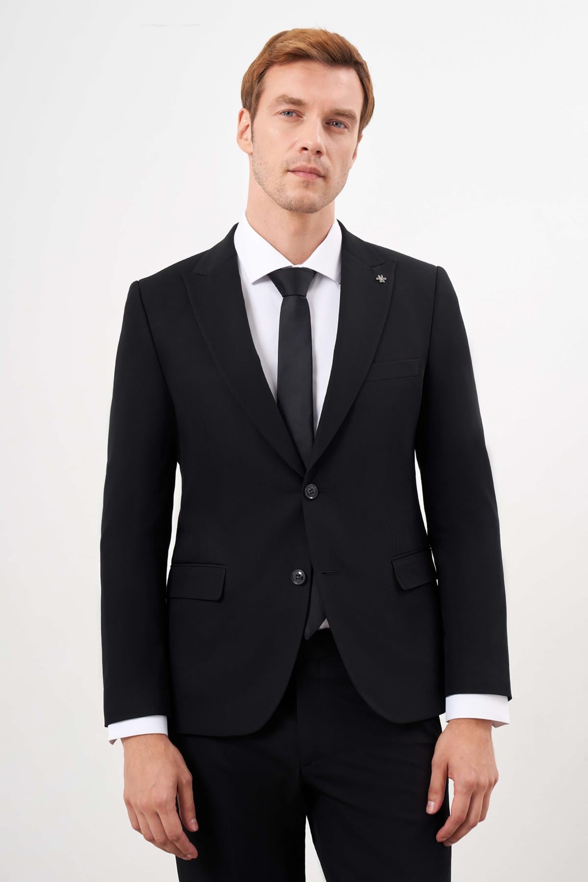 Erkek Siyah Basic Düz Slim Fit 3lü Takım Elbise Slim Fit Gömlek Düz Kravat