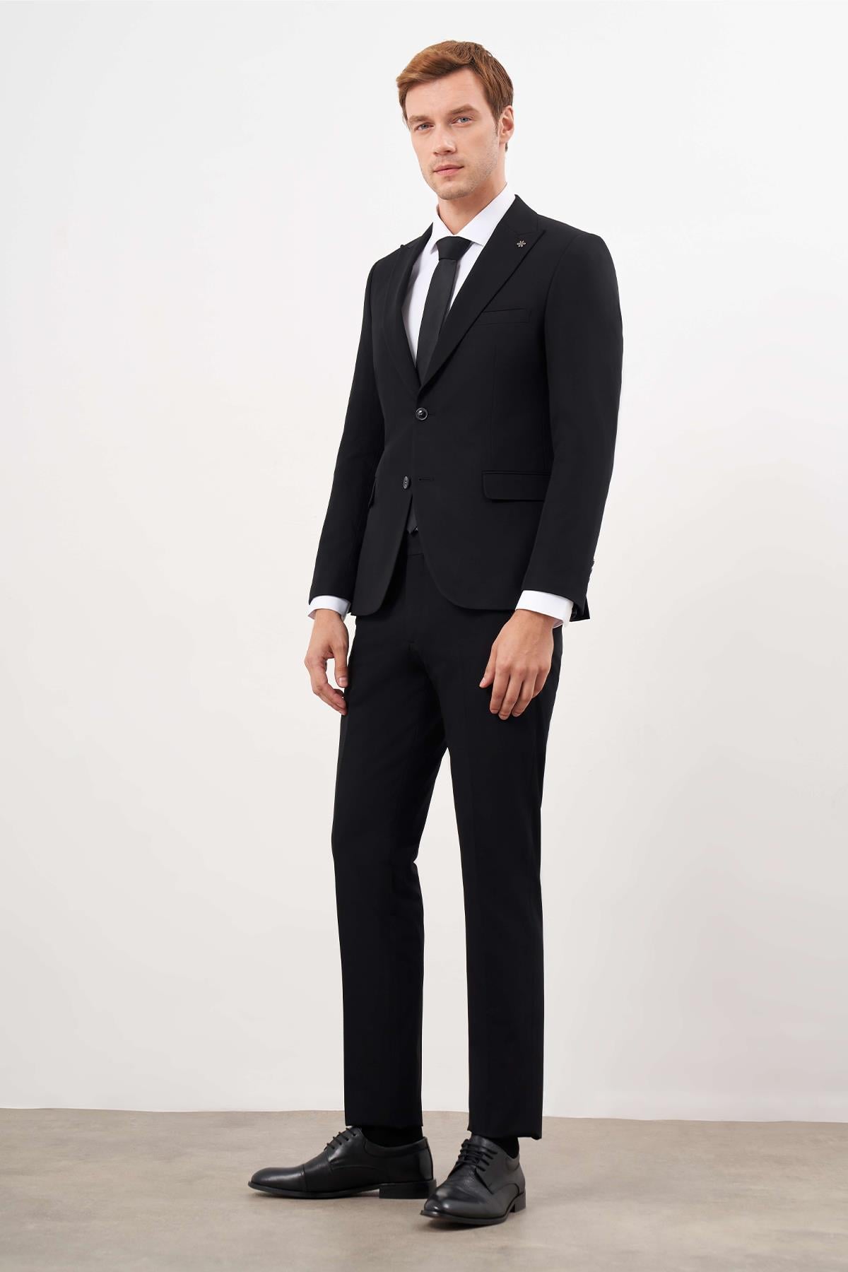 Erkek Siyah Basic Düz Slim Fit 3lü Takım Elbise Slim Fit Gömlek Düz Kravat