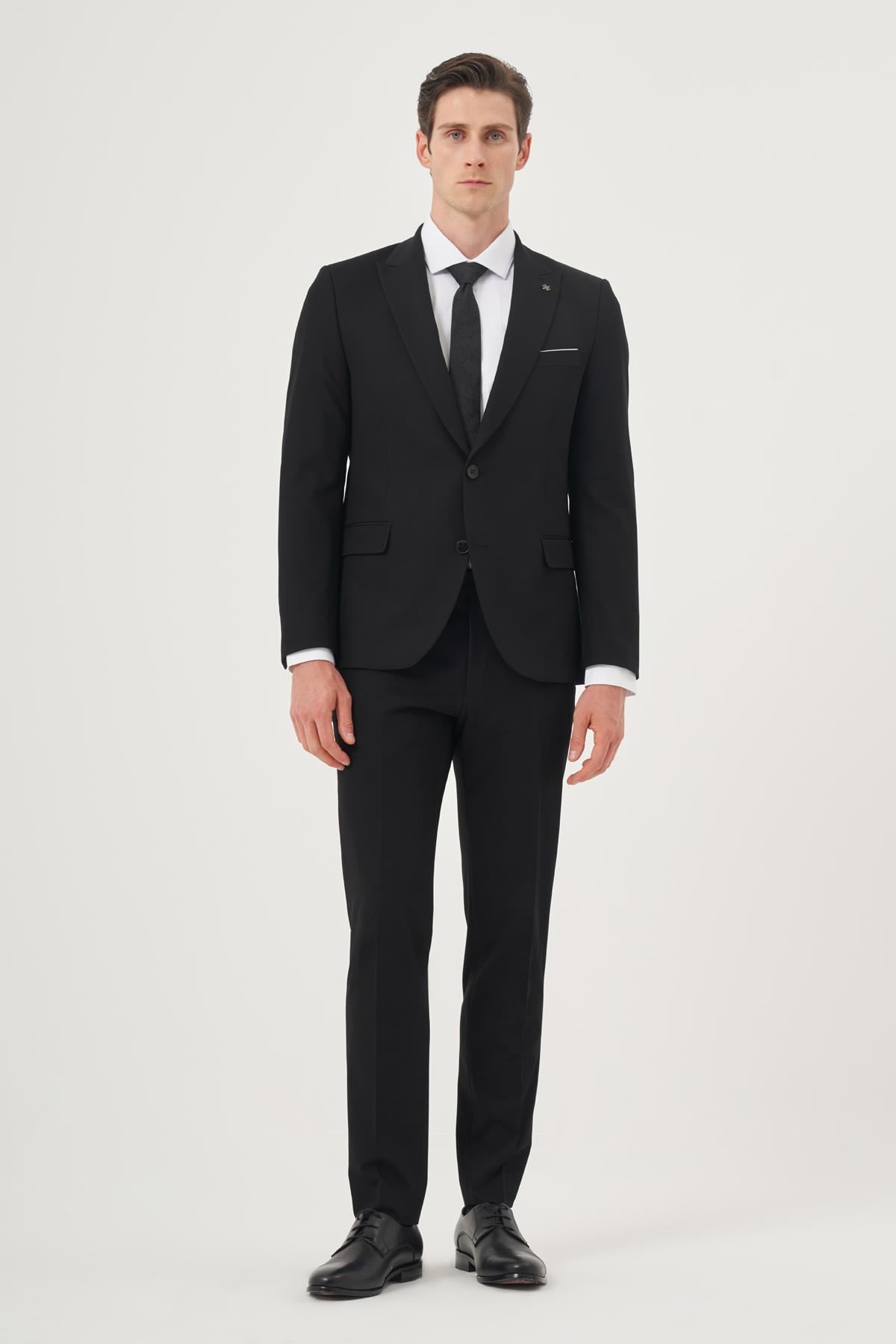 Erkek Siyah Basic Düz Slim Fit Dar Kesim 6 Drop Takım Elbise