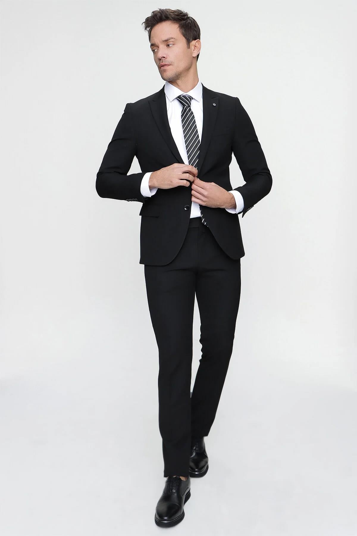 Erkek Siyah Basic Düz Slim Fit Dar Kesim 6 Drop Takım Elbise