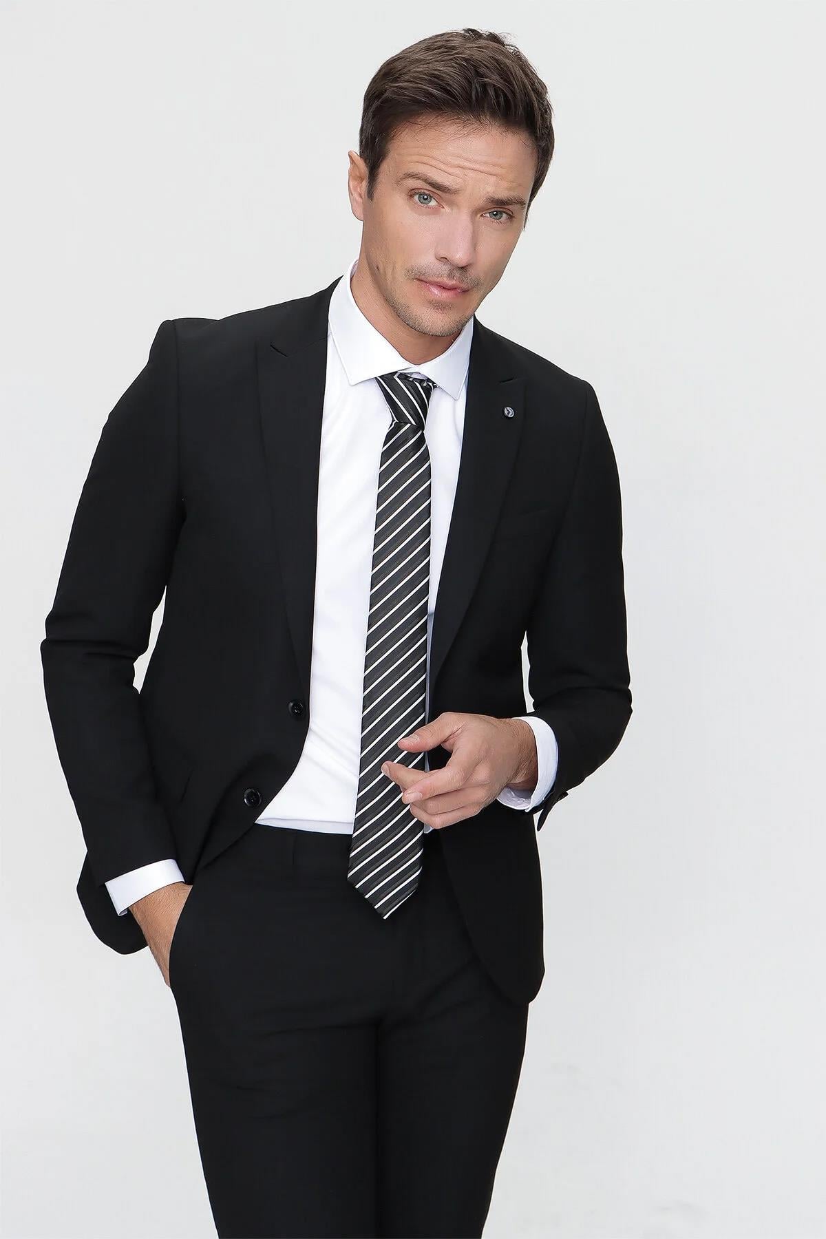 Erkek Siyah Basic Düz Slim Fit Dar Kesim 6 Drop Takım Elbise