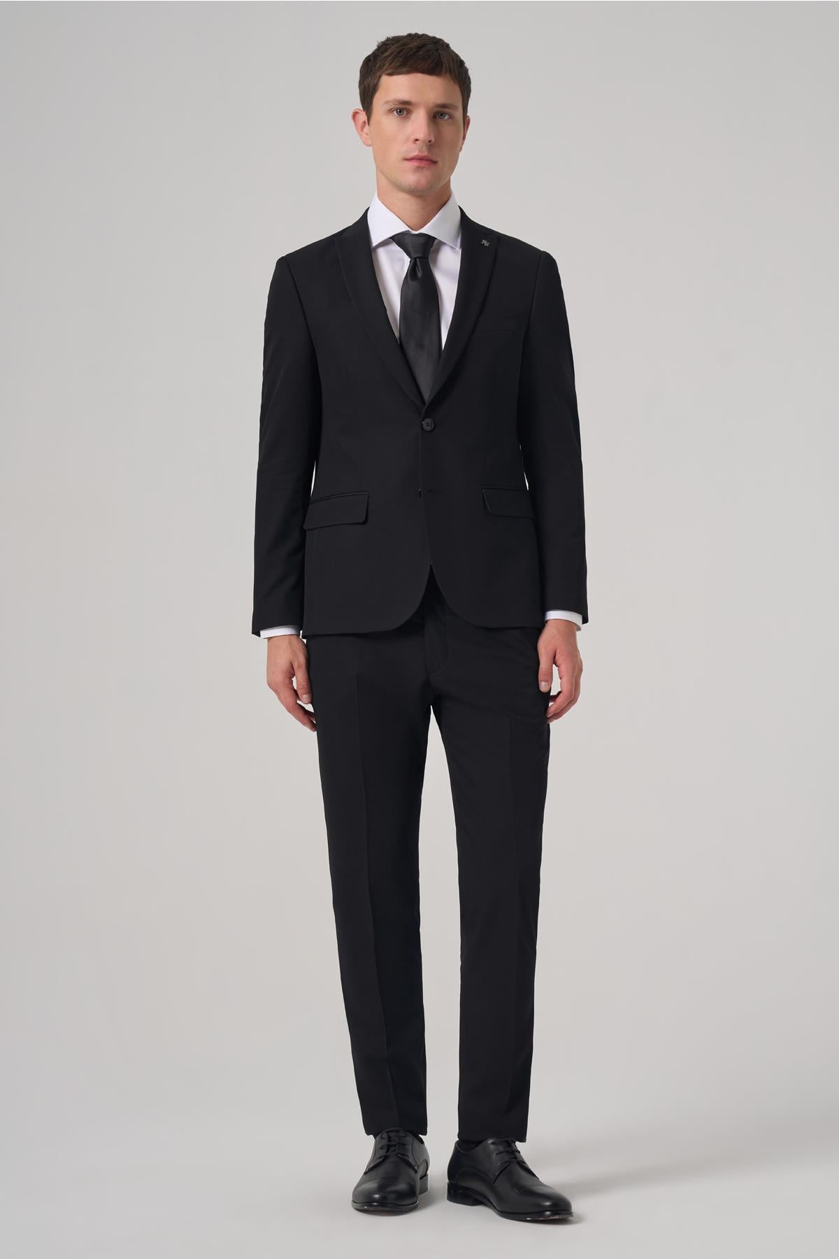 Erkek Siyah Basic Düz Slim Fit Dar Kesim Çift Yırtmaç Takım Elbise