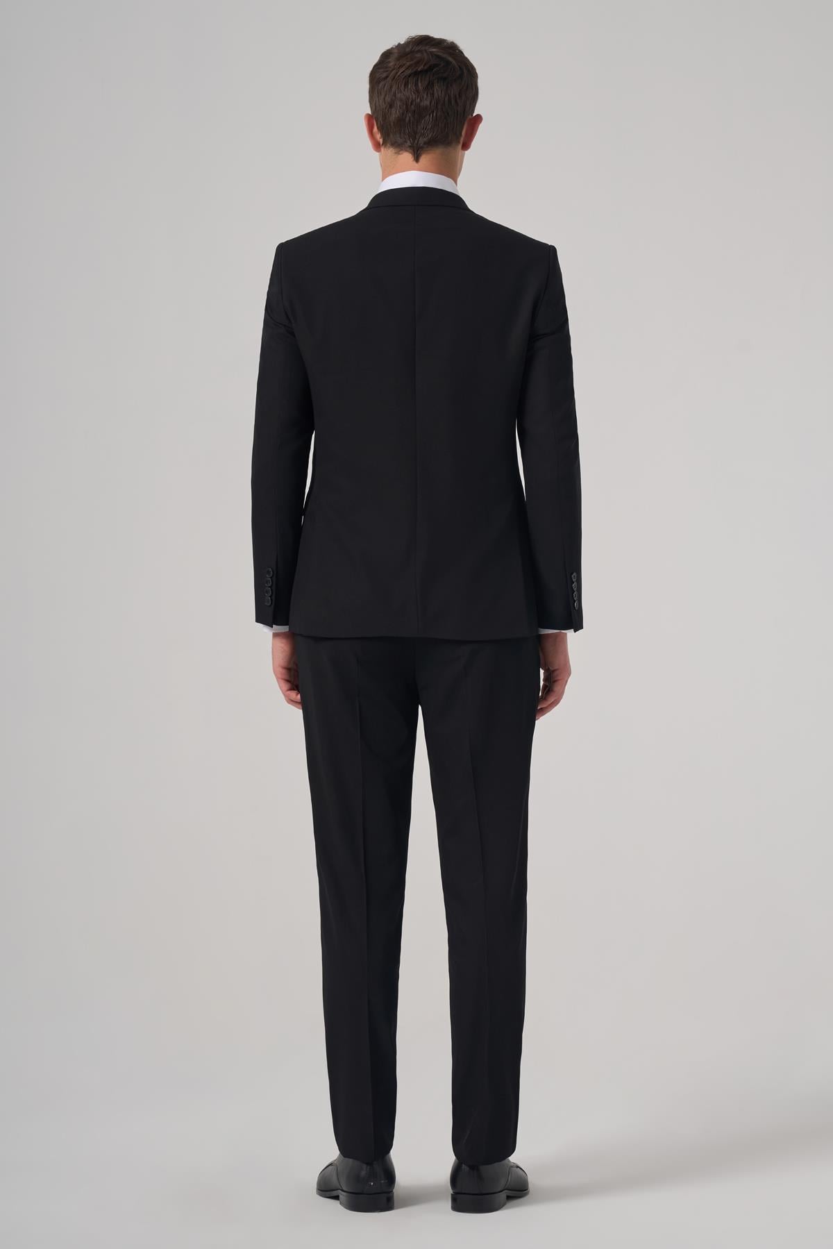 Erkek Siyah Basic Düz Slim Fit Dar Kesim Çift Yırtmaç Takım Elbise