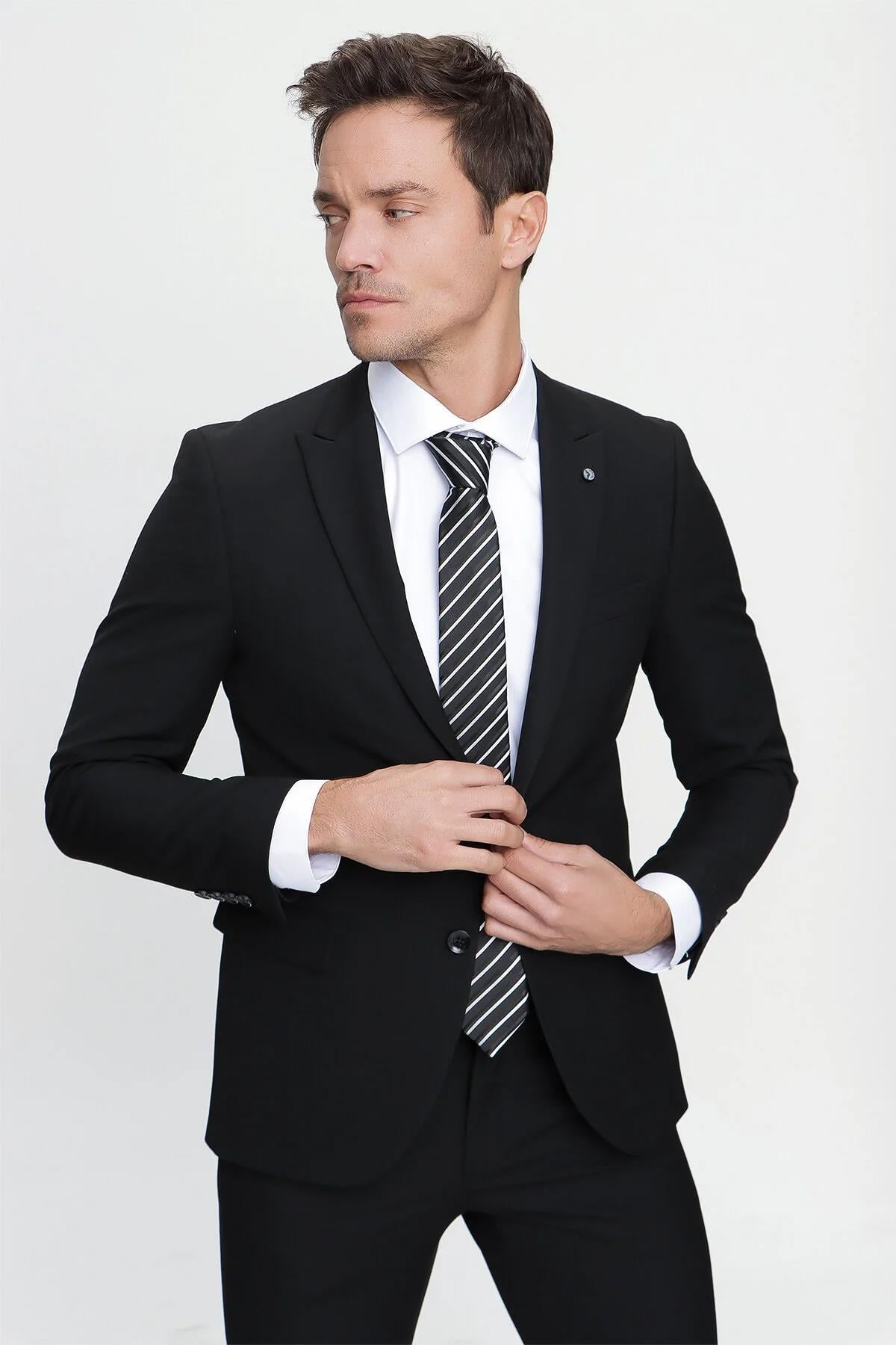 Erkek Siyah Basic Düz Slim Fit Dar Kesim 6 Drop Takım Elbise