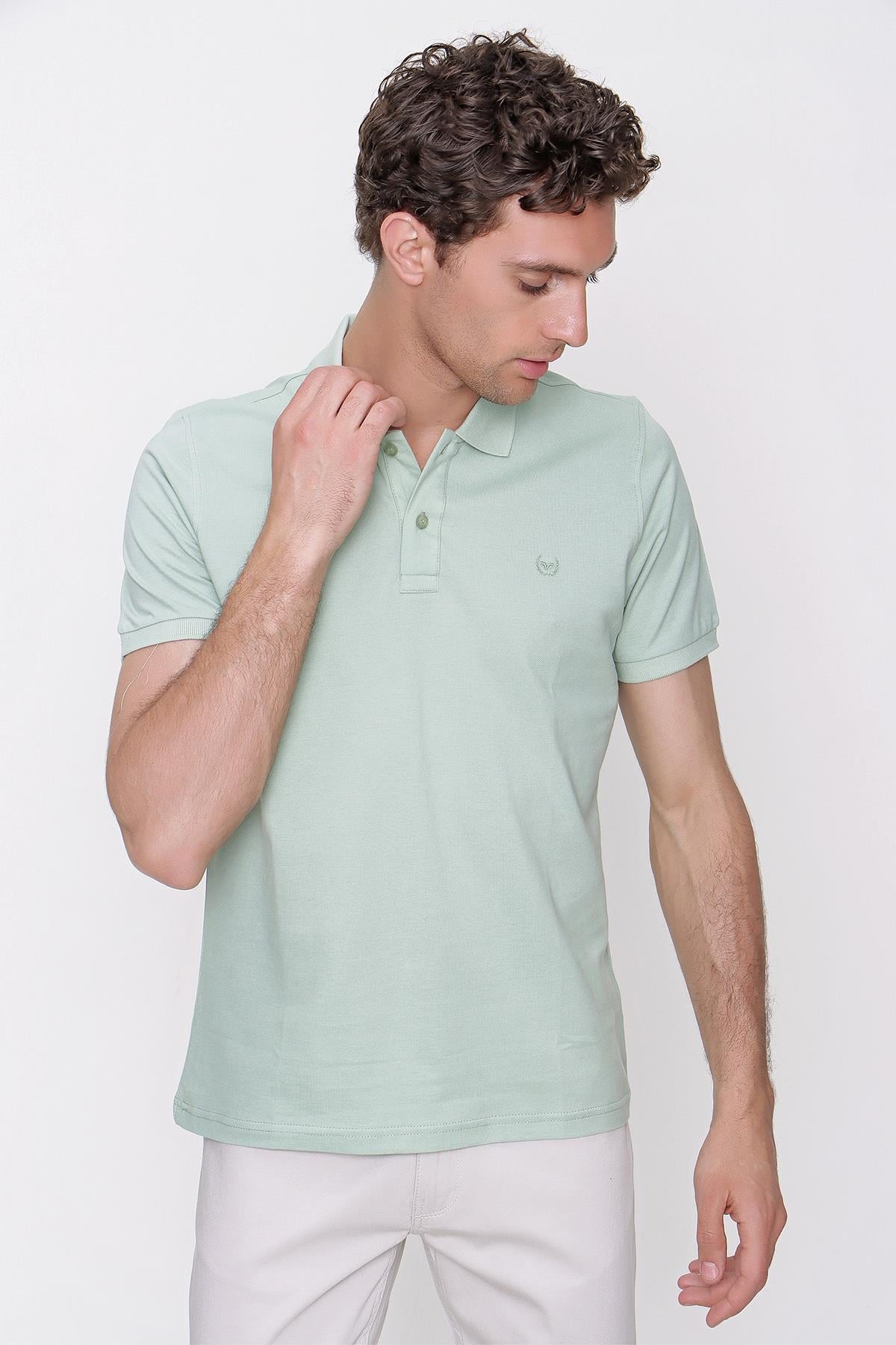 Erkek Su Yeşili Basic Düz %100 Pamuk Slim Fit Dar Kesim Kısa Kollu Polo Yaka Tişört