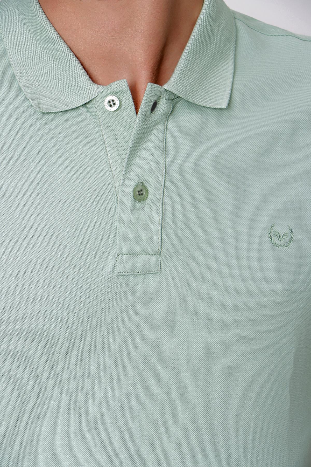 Erkek Su Yeşili Basic Düz %100 Pamuk Slim Fit Dar Kesim Kısa Kollu Polo Yaka Tişört