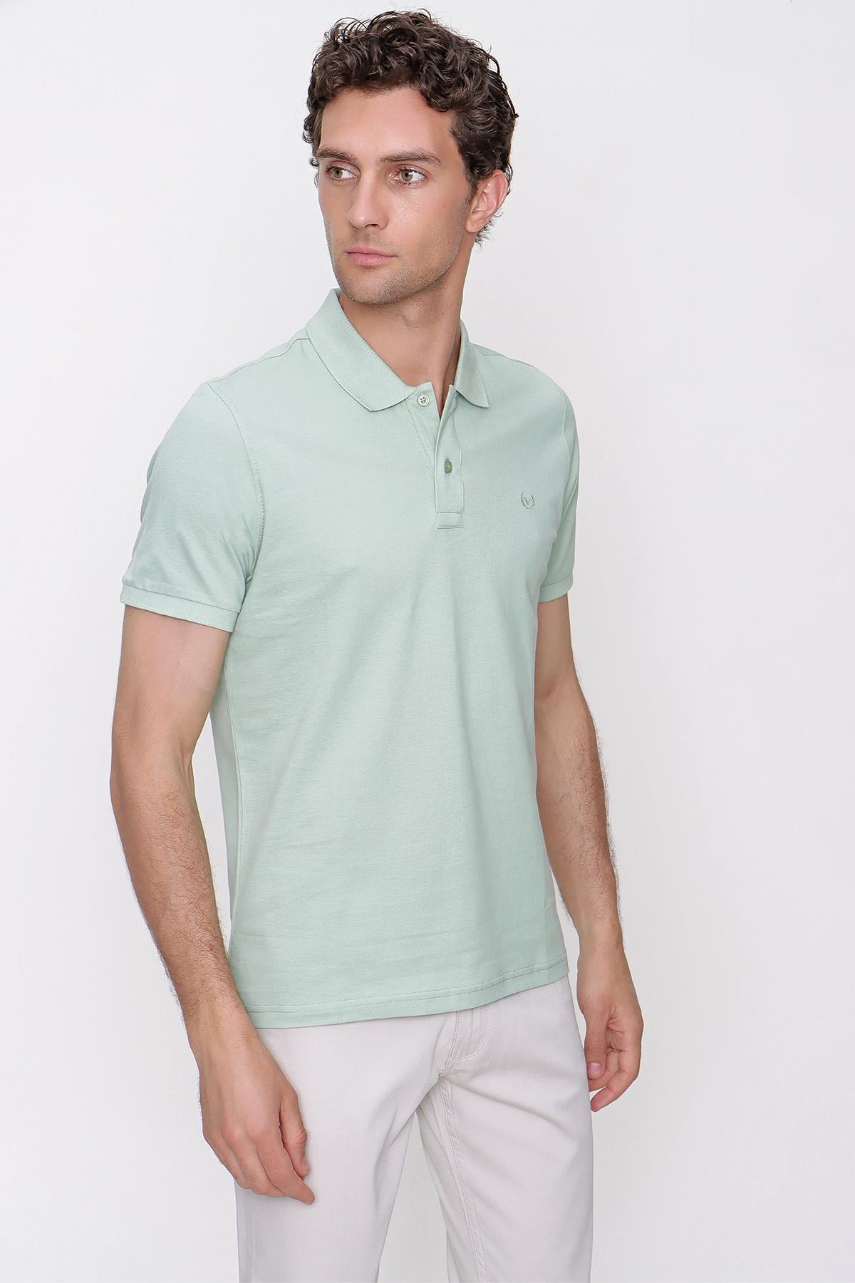 Erkek Su Yeşili Basic Düz %100 Pamuk Slim Fit Dar Kesim Kısa Kollu Polo Yaka Tişört