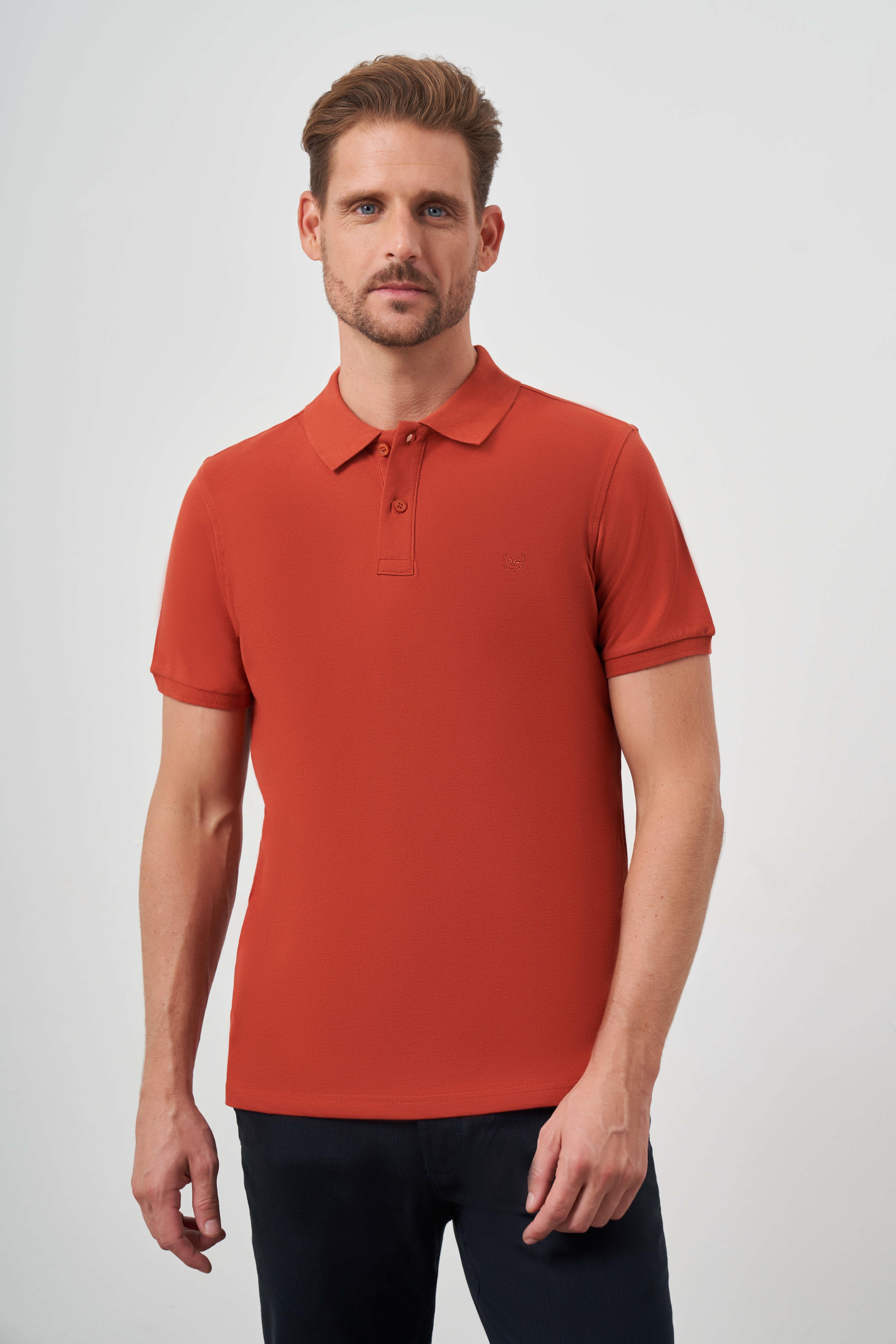 Erkek Tarçın Basic Düz %100 Pamuk Slim Fit Dar Kesim Kısa Kollu  Polo Yaka Tişört