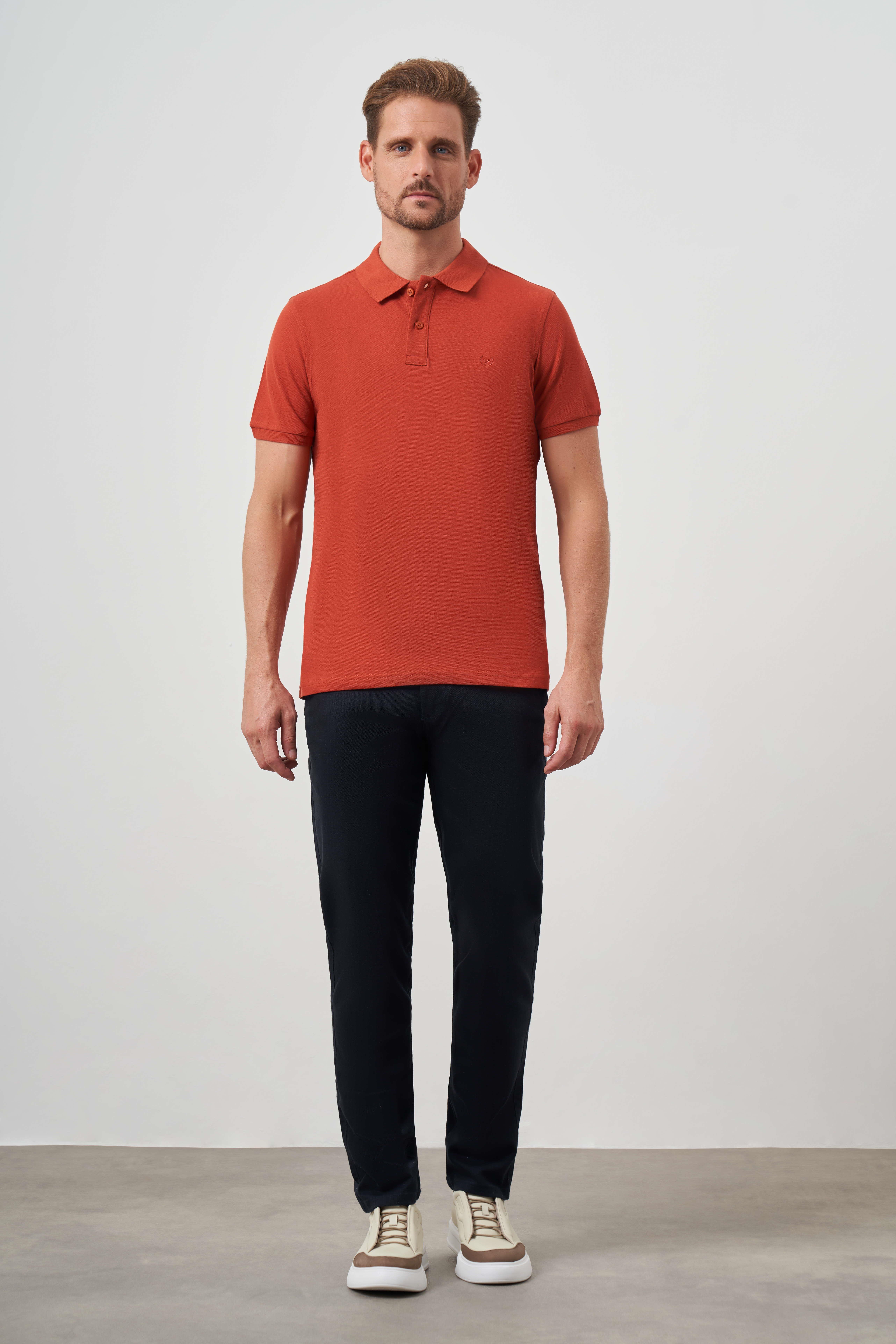 Erkek Tarçın Basic Düz %100 Pamuk Slim Fit Dar Kesim Kısa Kollu  Polo Yaka Tişört