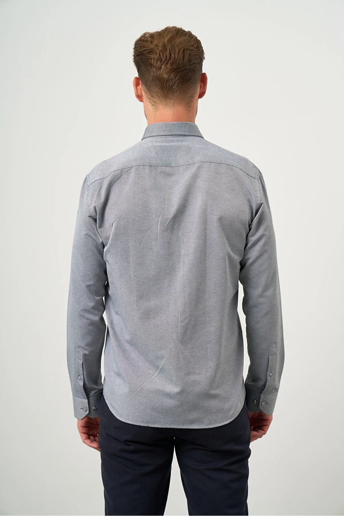 Gri Düğmeli Yaka Kolay Ütülenebilir Oxford Pamuklu Slim Fit Gömlek