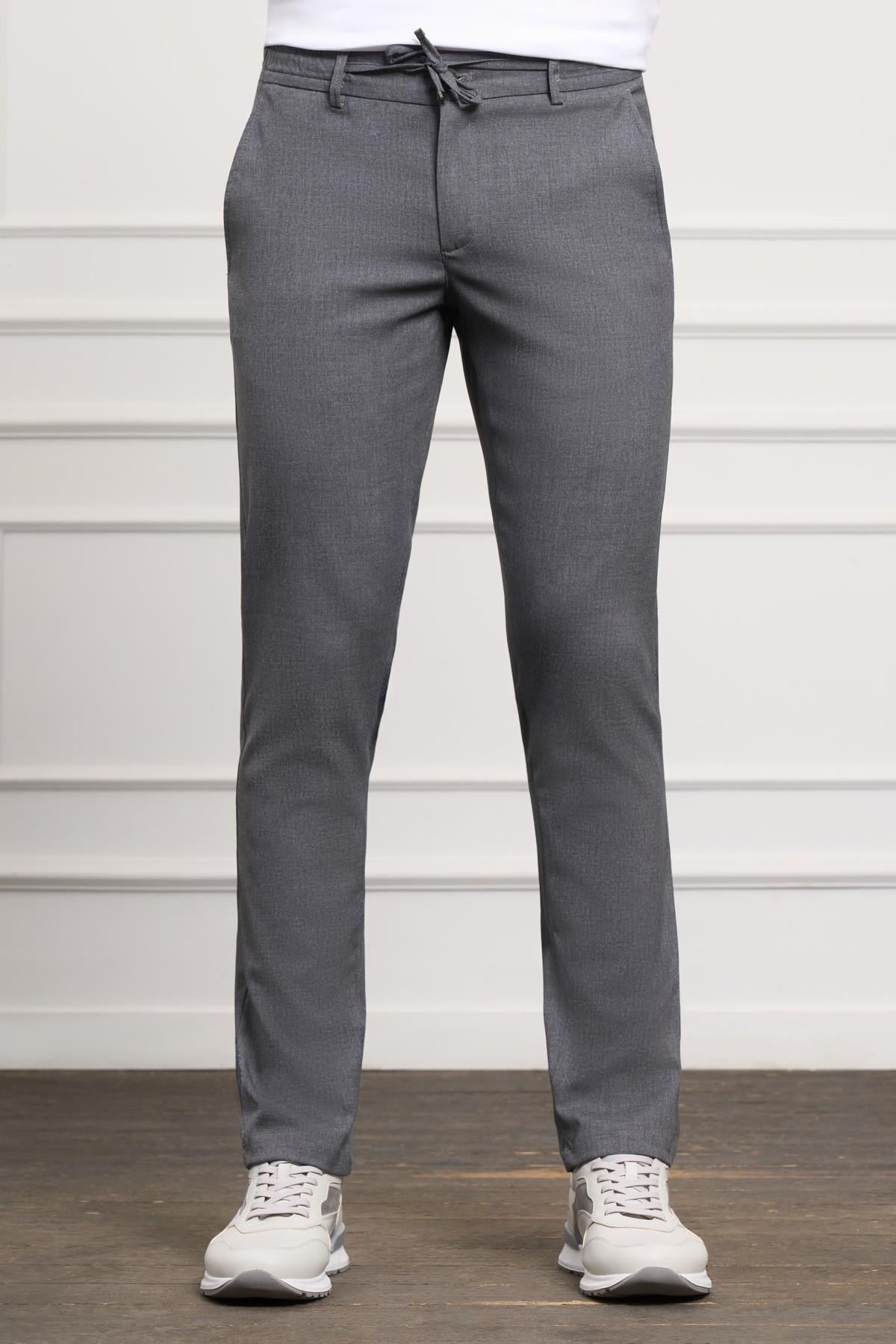 Gri Slim Fit Dar Kesim Yan Cep Bağcıklı Jogger Erkek Pantolon