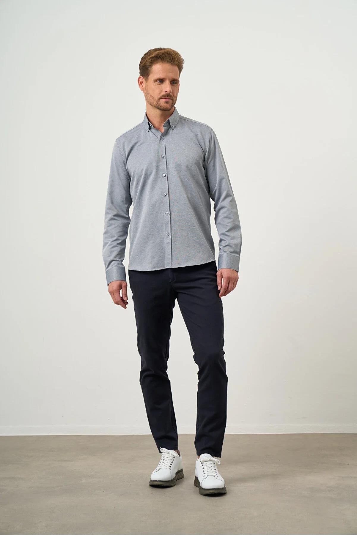Gri Slim Fit Düğmeli Yaka Oxford Kolay Ütülenebilir Pamuklu HEDİYE KUTULU Uzun Kollu Gömlek