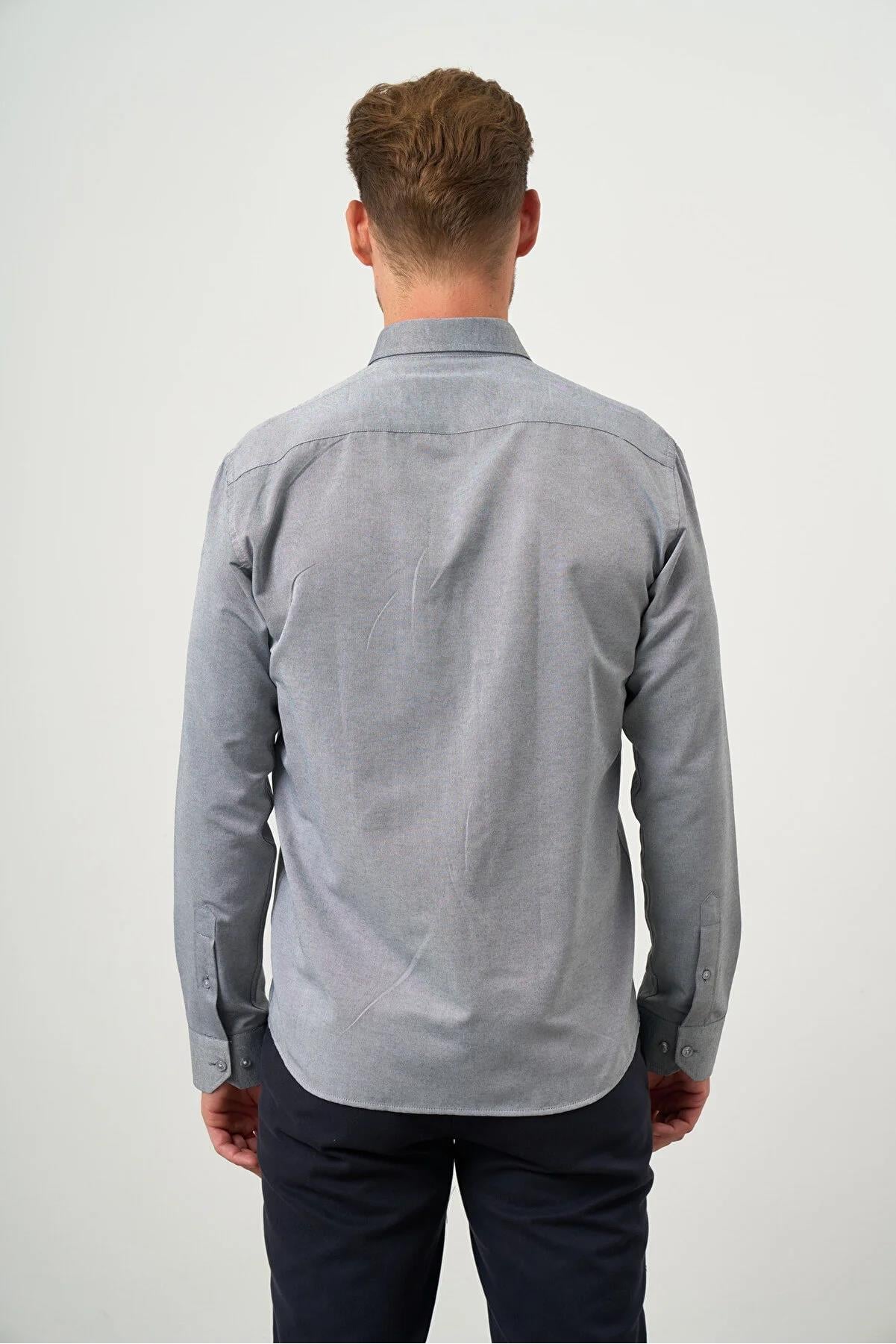 Gri Slim Fit Düğmeli Yaka Oxford Kolay Ütülenebilir Pamuklu HEDİYE KUTULU Uzun Kollu Gömlek