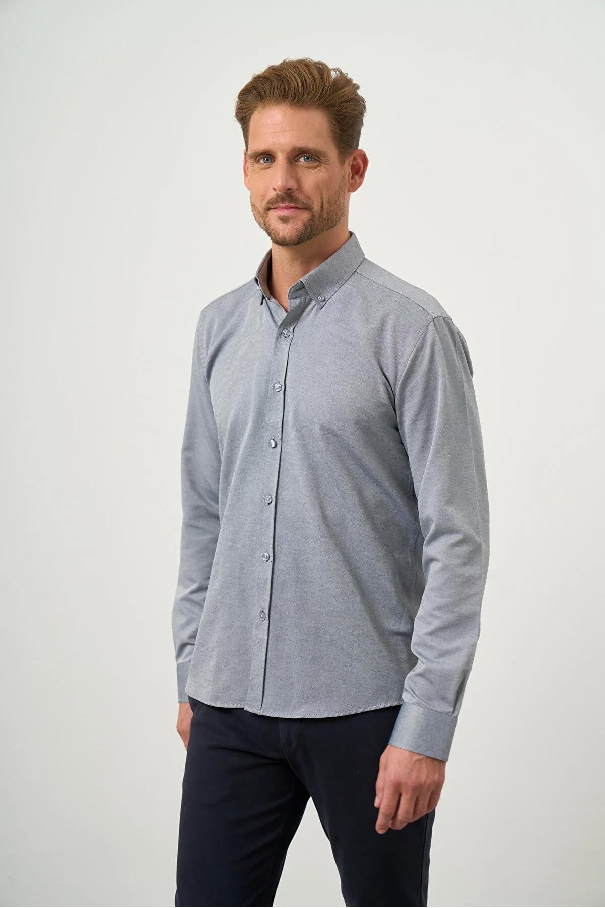 Gri Slim Fit Düğmeli Yaka Oxford Kolay Ütülenebilir Pamuklu HEDİYE KUTULU Uzun Kollu Gömlek