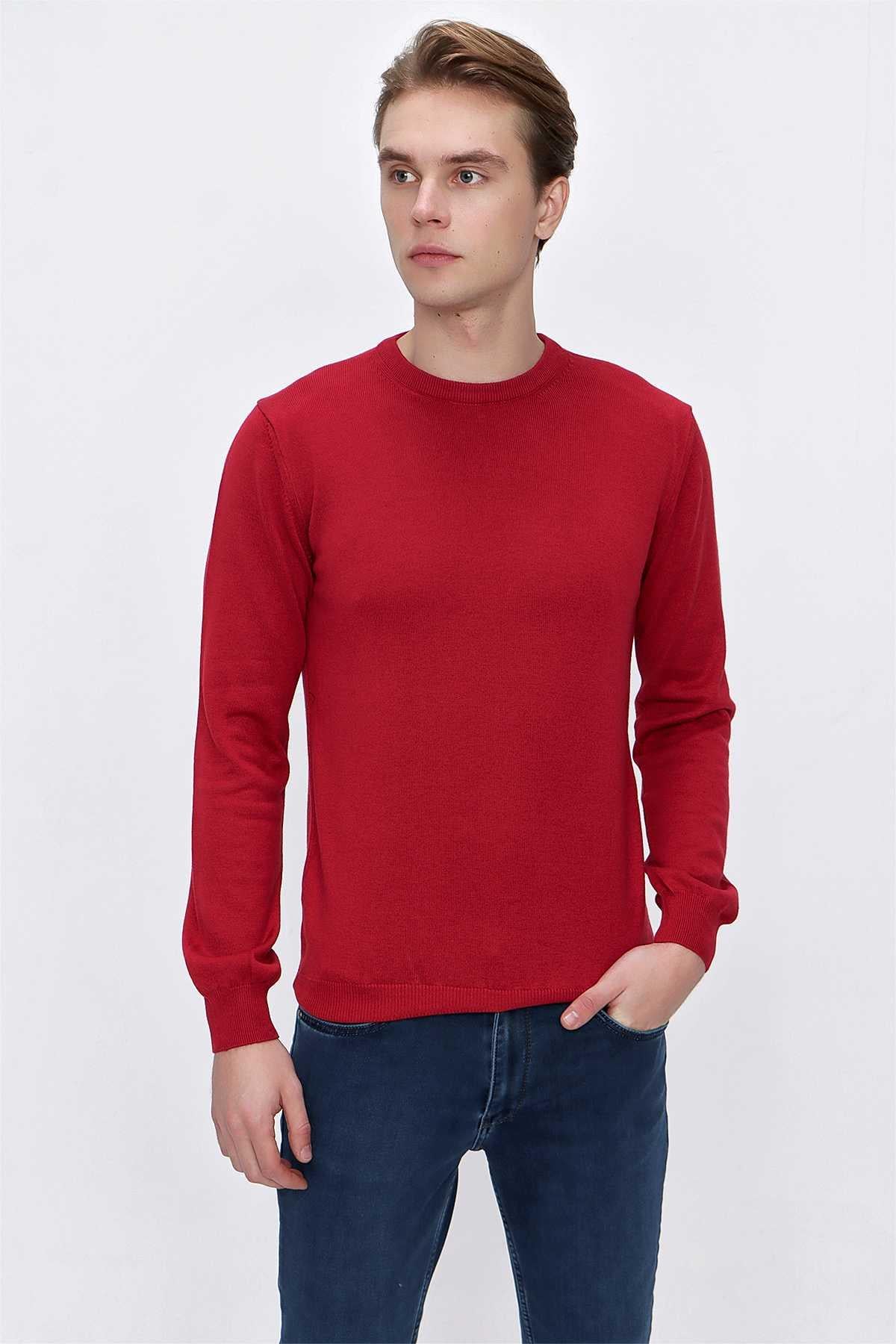 Kırmızı Basic Dinamik Fit Rahat Kesim Bisiklet Yaka Triko Kazak