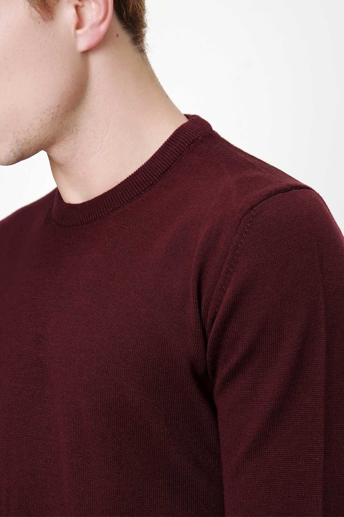 Koyu Bordo Basic Dinamik Fit Rahat Kesim Bisiklet Yaka Triko Kazak