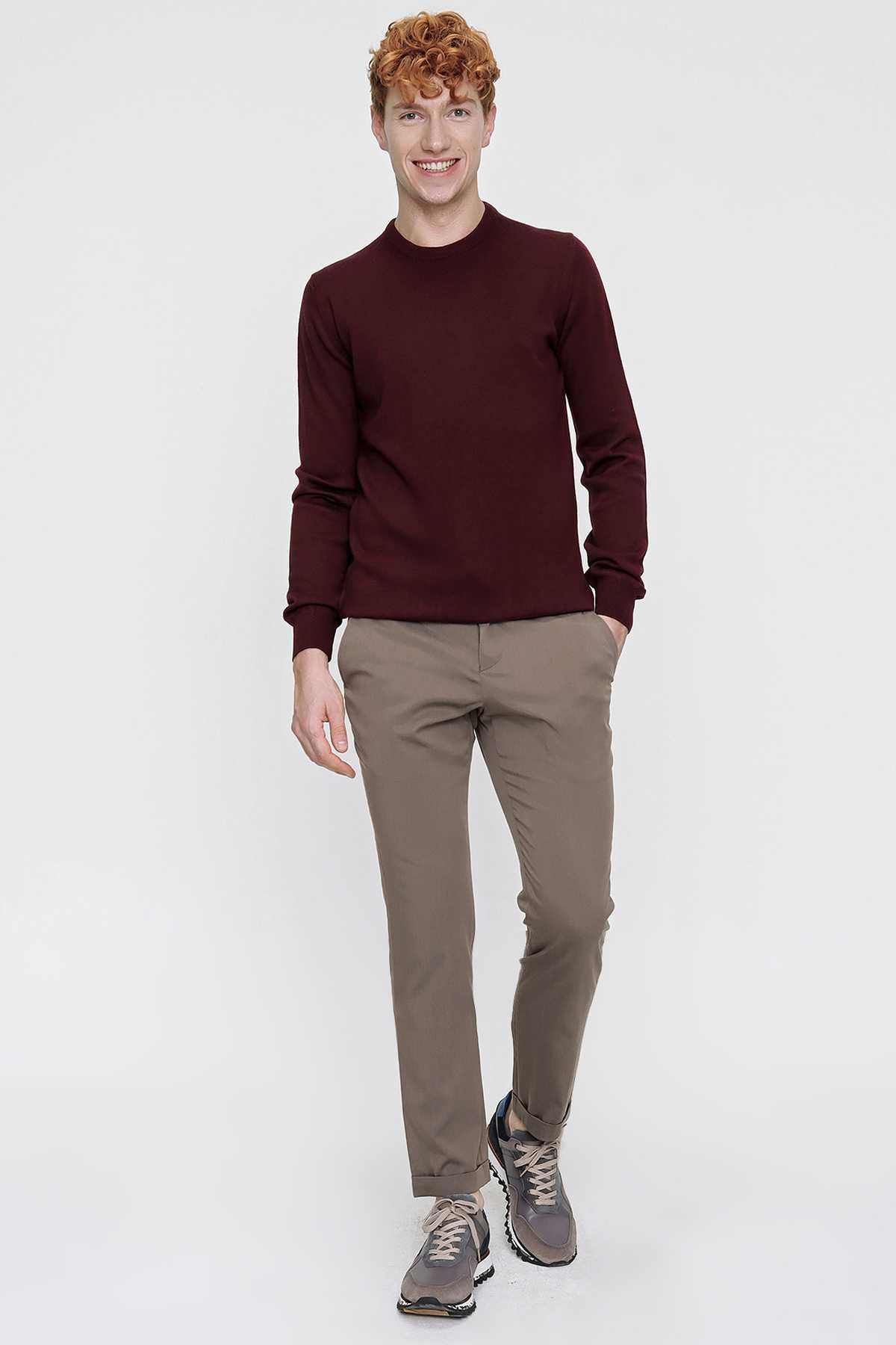 Koyu Bordo Basic Dinamik Fit Rahat Kesim Bisiklet Yaka Triko Kazak