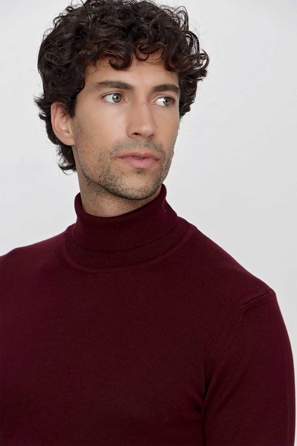 Koyu Bordo Basic Dinamik Fit Rahat Kesim Balıkçı Yaka Triko Kazak