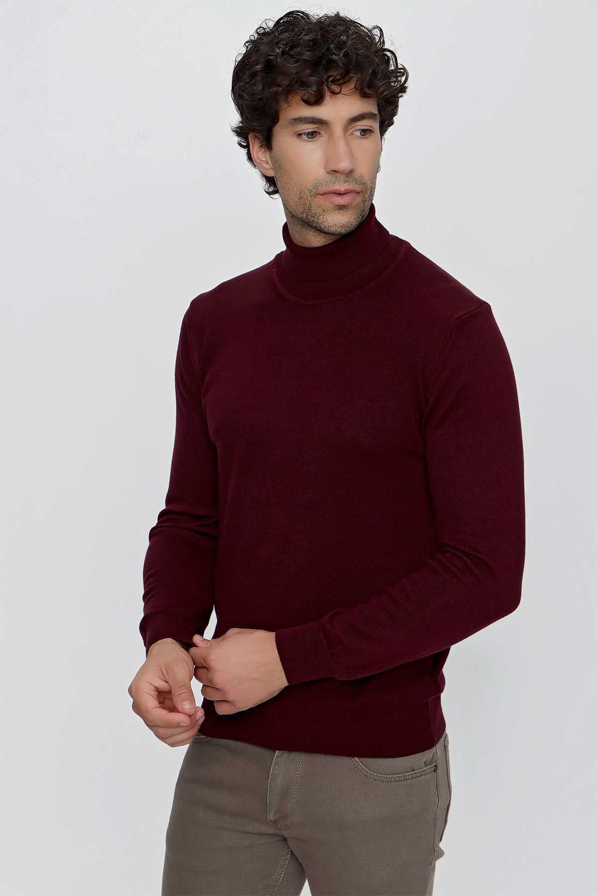 Koyu Bordo Basic Dinamik Fit Rahat Kesim Balıkçı Yaka Triko Kazak