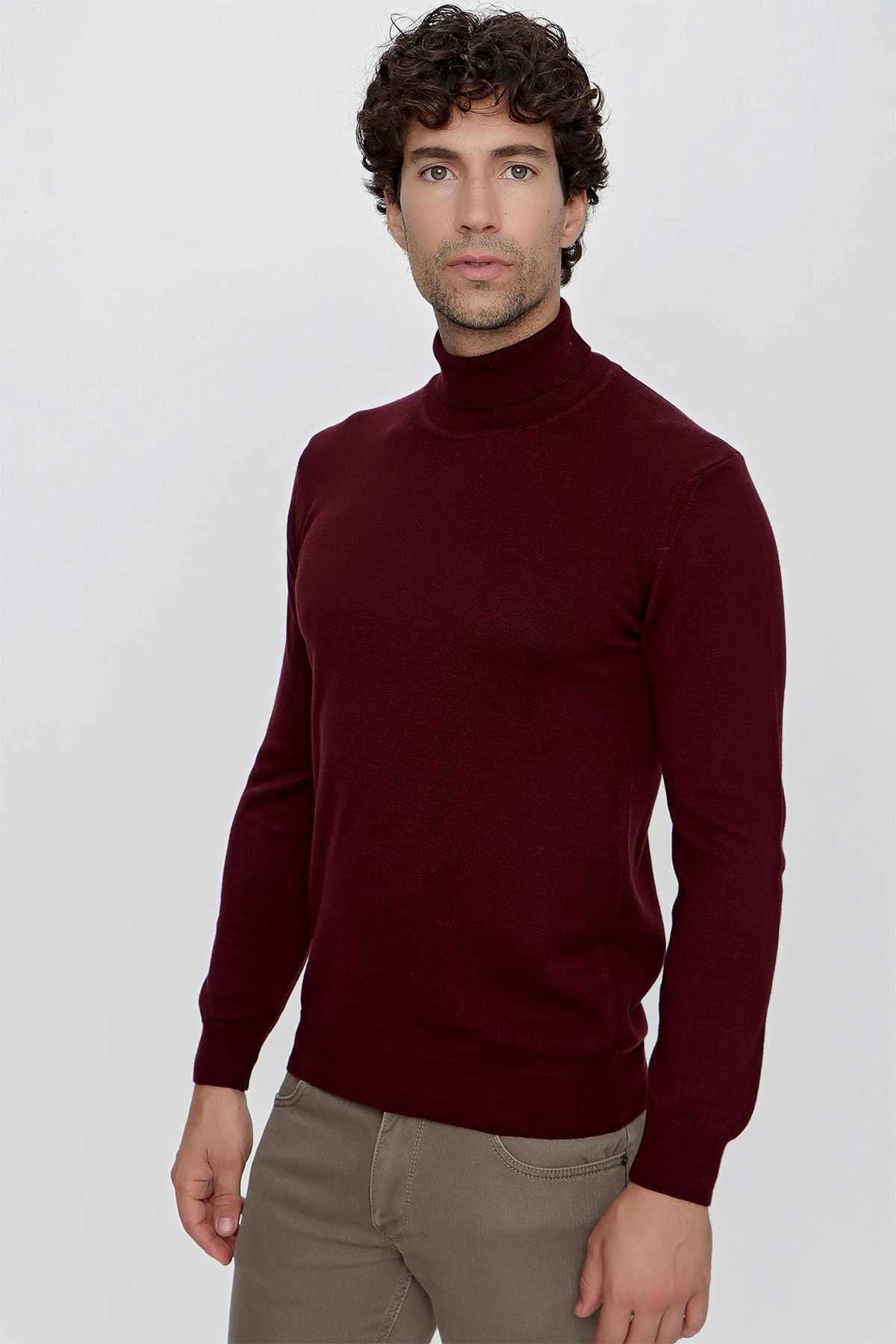Koyu Bordo Basic Dinamik Fit Rahat Kesim Balıkçı Yaka Triko Kazak