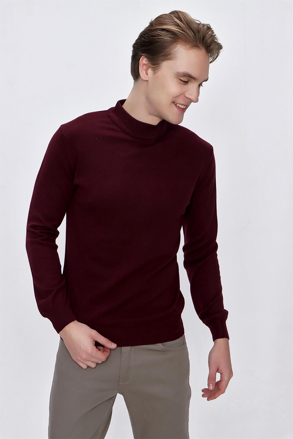 Koyu Bordo Basic Dinamik Fit Rahat Kesim Yarım Balıkçı Yaka Triko Kazak
