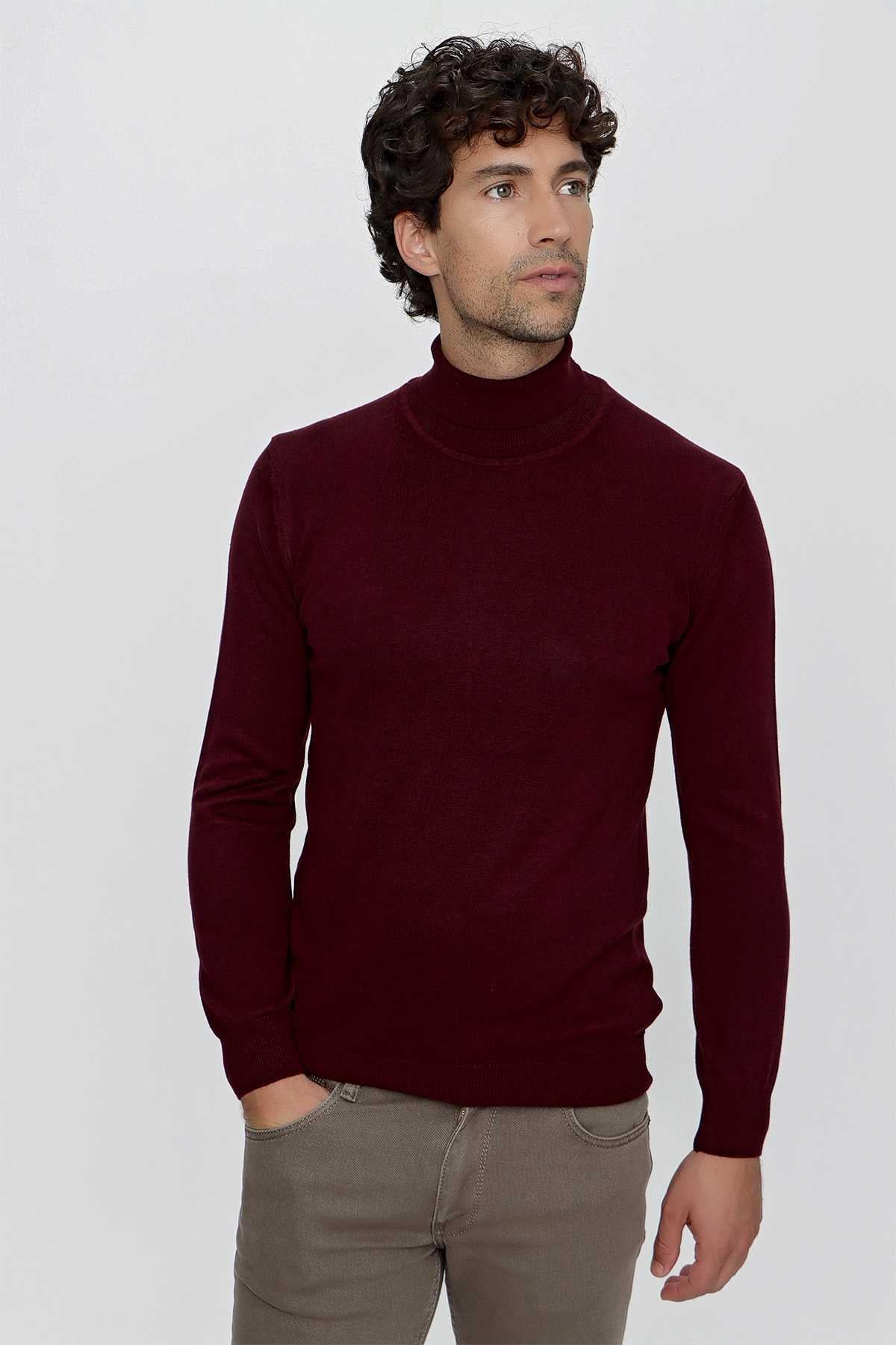Koyu Bordo Basic Dinamik Fit Rahat Kesim Balıkçı Yaka Triko Kazak