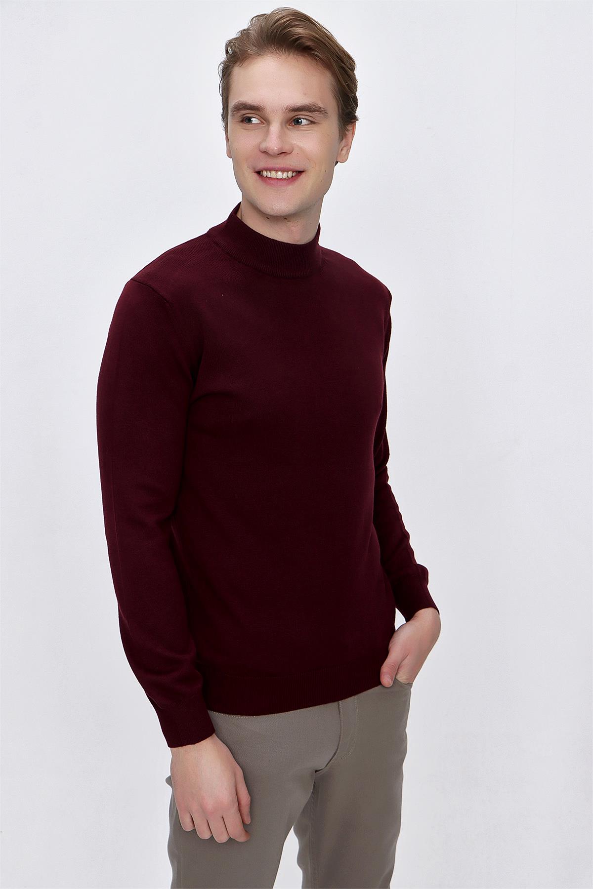 Koyu Bordo Basic Dinamik Fit Rahat Kesim Yarım Balıkçı Yaka Triko Kazak