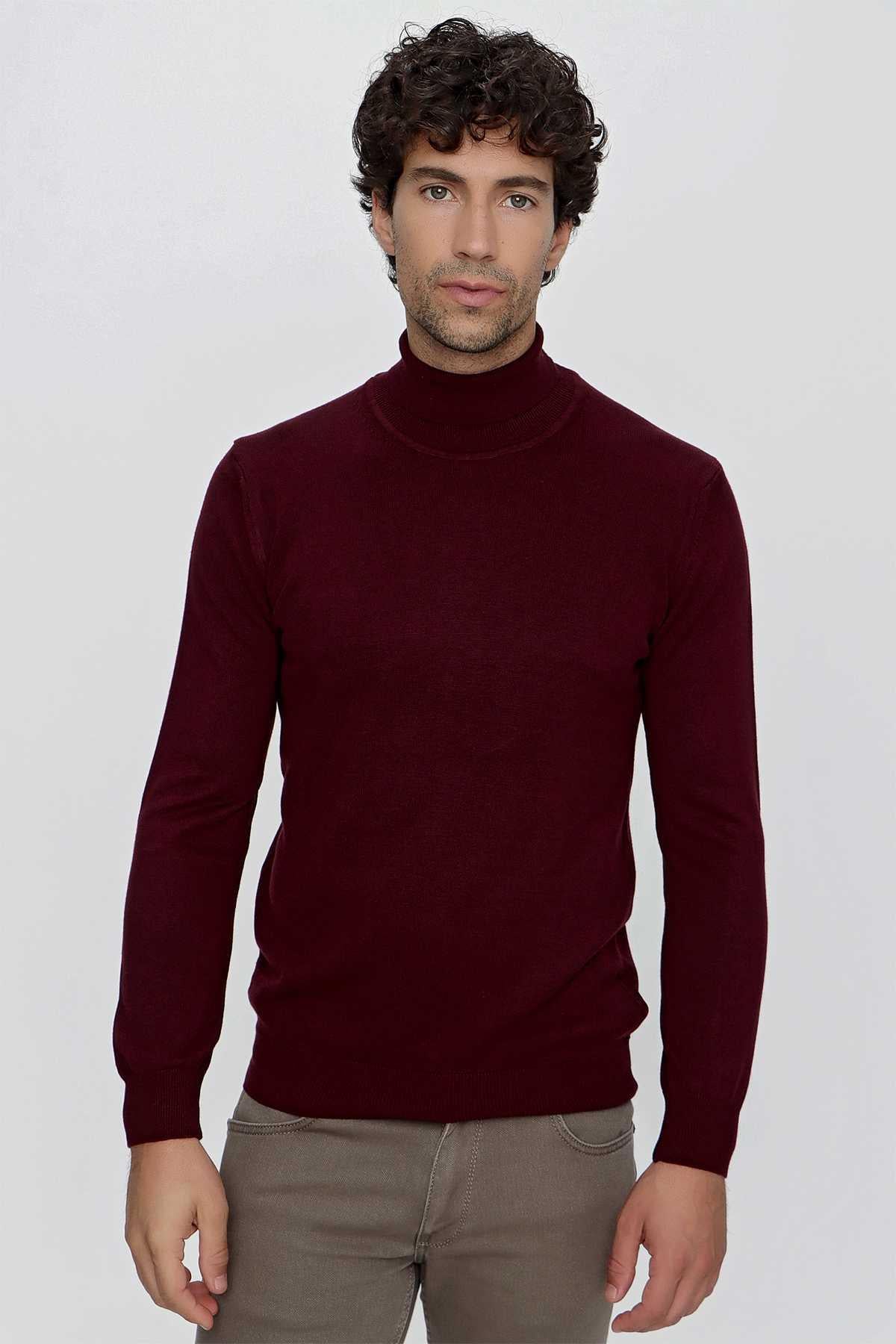 Koyu Bordo Basic Dinamik Fit Rahat Kesim Balıkçı Yaka Triko Kazak