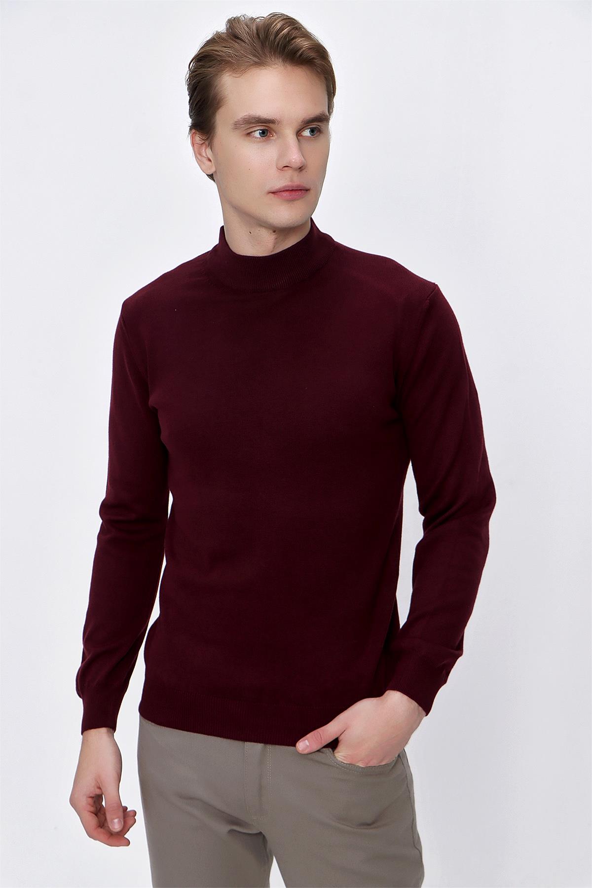 Koyu Bordo Basic Dinamik Fit Rahat Kesim Yarım Balıkçı Yaka Triko Kazak