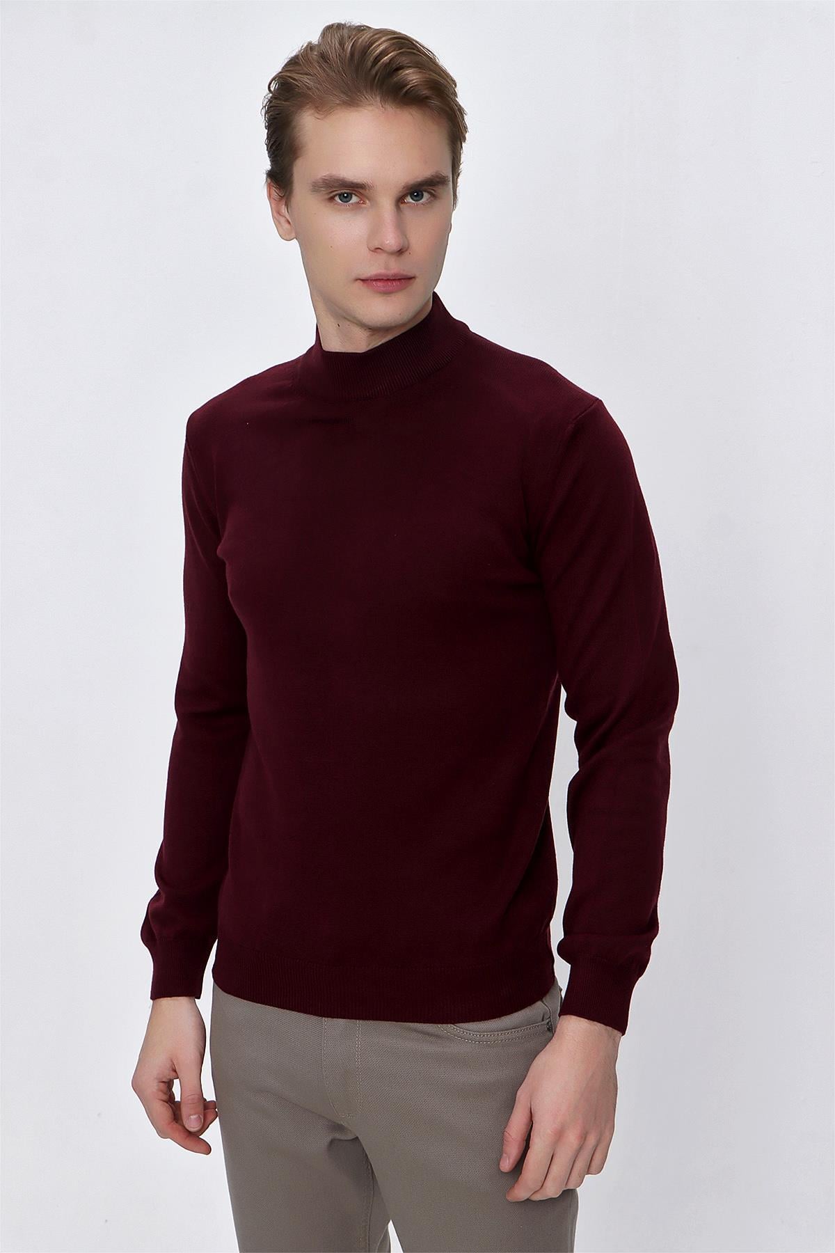 Koyu Bordo Basic Dinamik Fit Rahat Kesim Yarım Balıkçı Yaka Triko Kazak