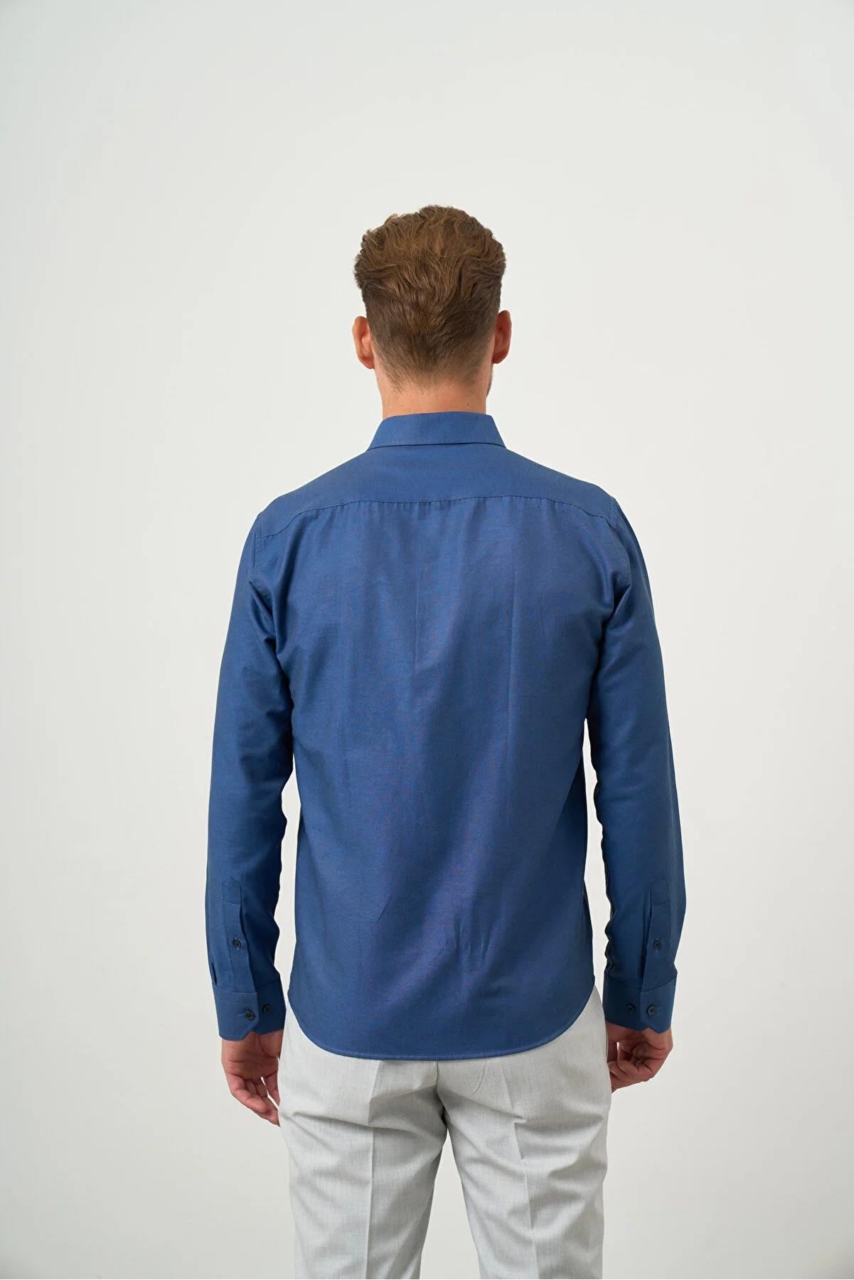 Lacivert Düğmeli Yaka Kolay Ütülenebilir Oxford Pamuklu Slim Fit Gömlek