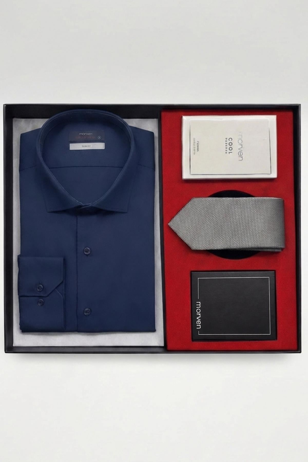 Lacivert Erkek Stil Slim Fit Hediye Kutulu Gömlek, Kravat, Parfüm Ve Cüzdan Seti