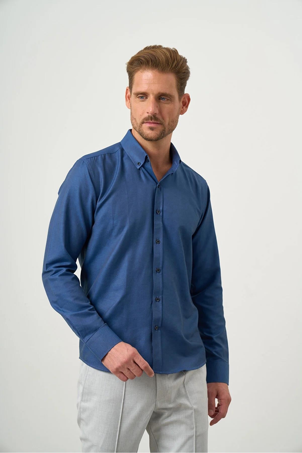 Lacivert Slim Fit Düğmeli Yaka Oxford Kolay Ütülenebilir Pamuklu HEDİYE KUTULU Uzun Kollu Gömlek
