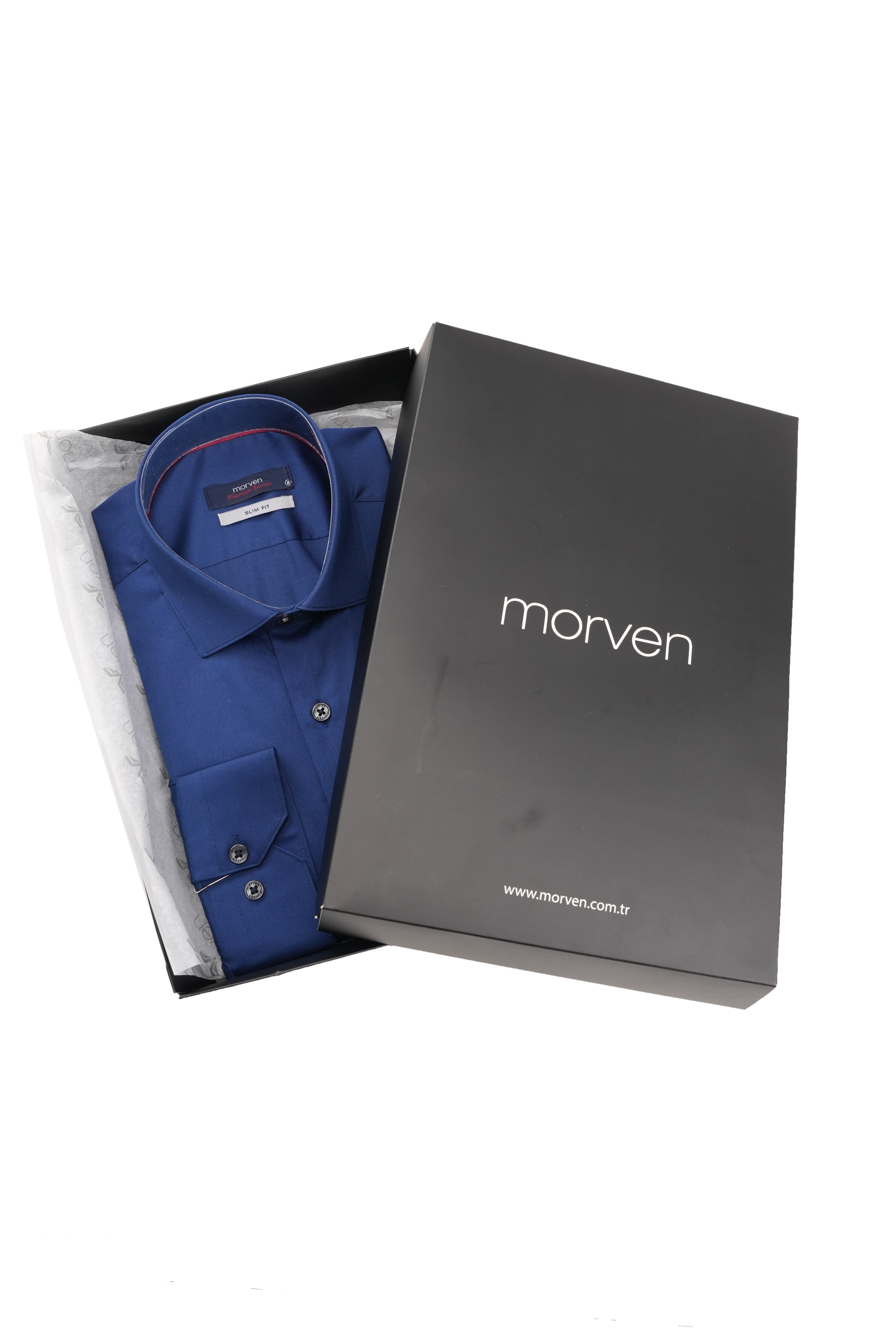 Lacivert Slim Fit Düz Sert Yaka Kolay Ütülenebilen HEDİYE KUTULU Uzun Kollu Erkek Gömlek