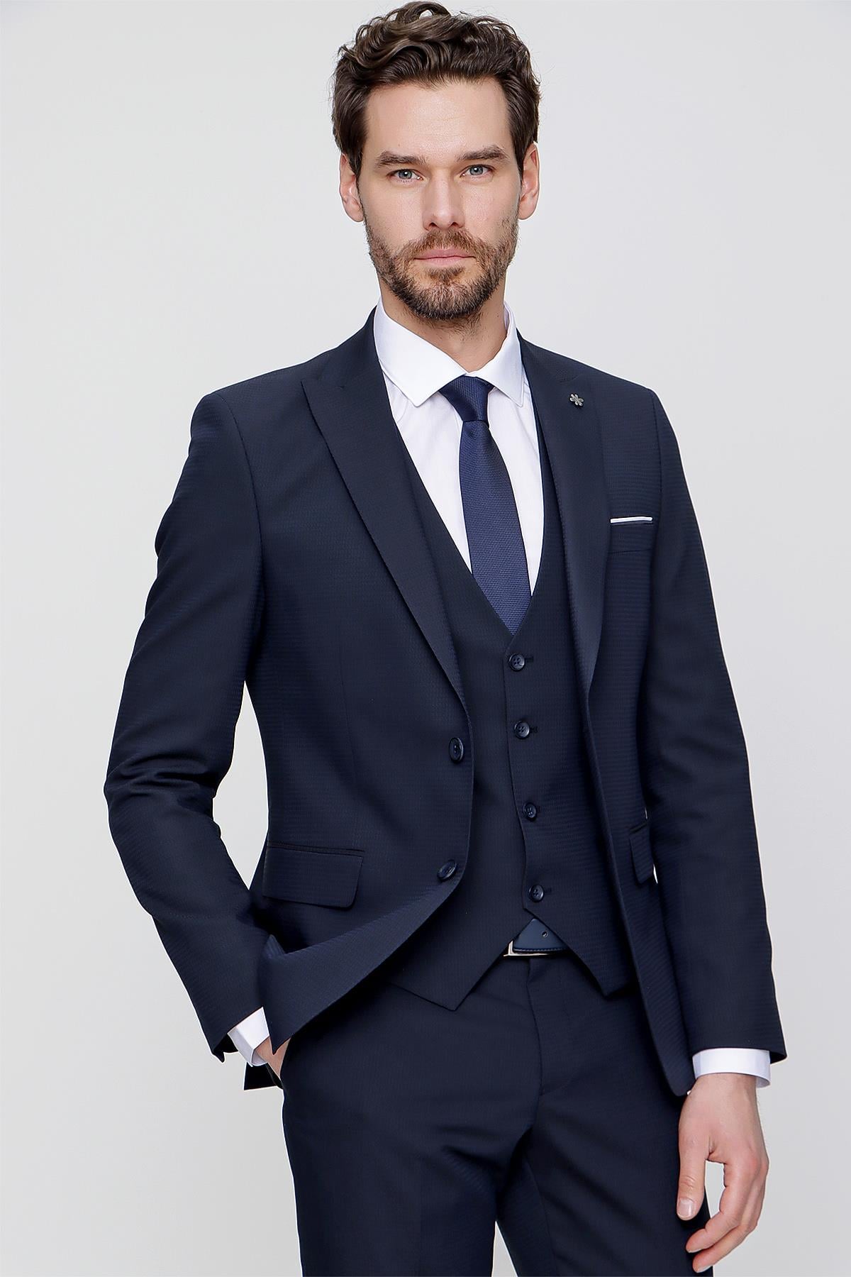 Lacivert Yelekli Jakarlı Slim Fit Dar Kesim 6 Drop Erkek Takım Elbise