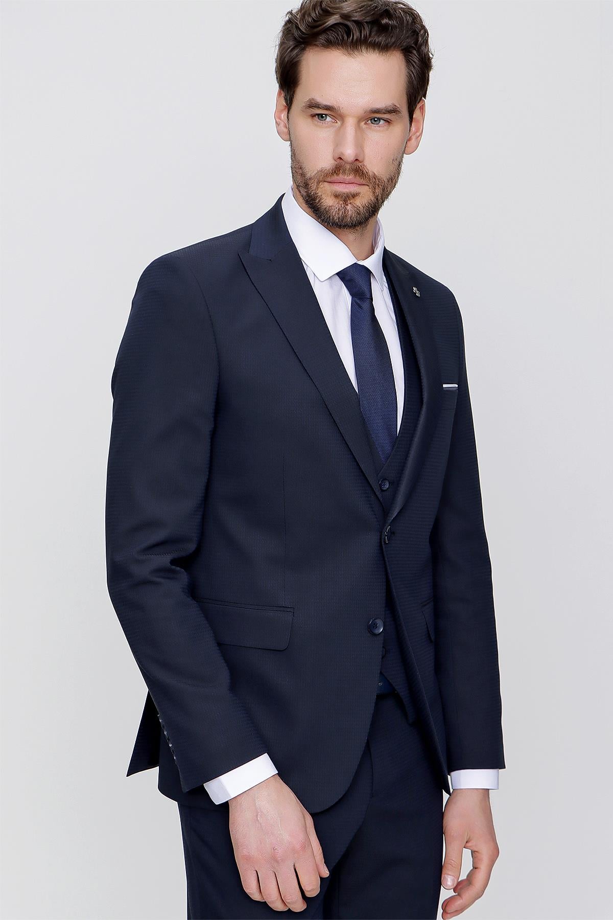 Lacivert Yelekli Jakarlı Slim Fit Dar Kesim 6 Drop Erkek Takım Elbise