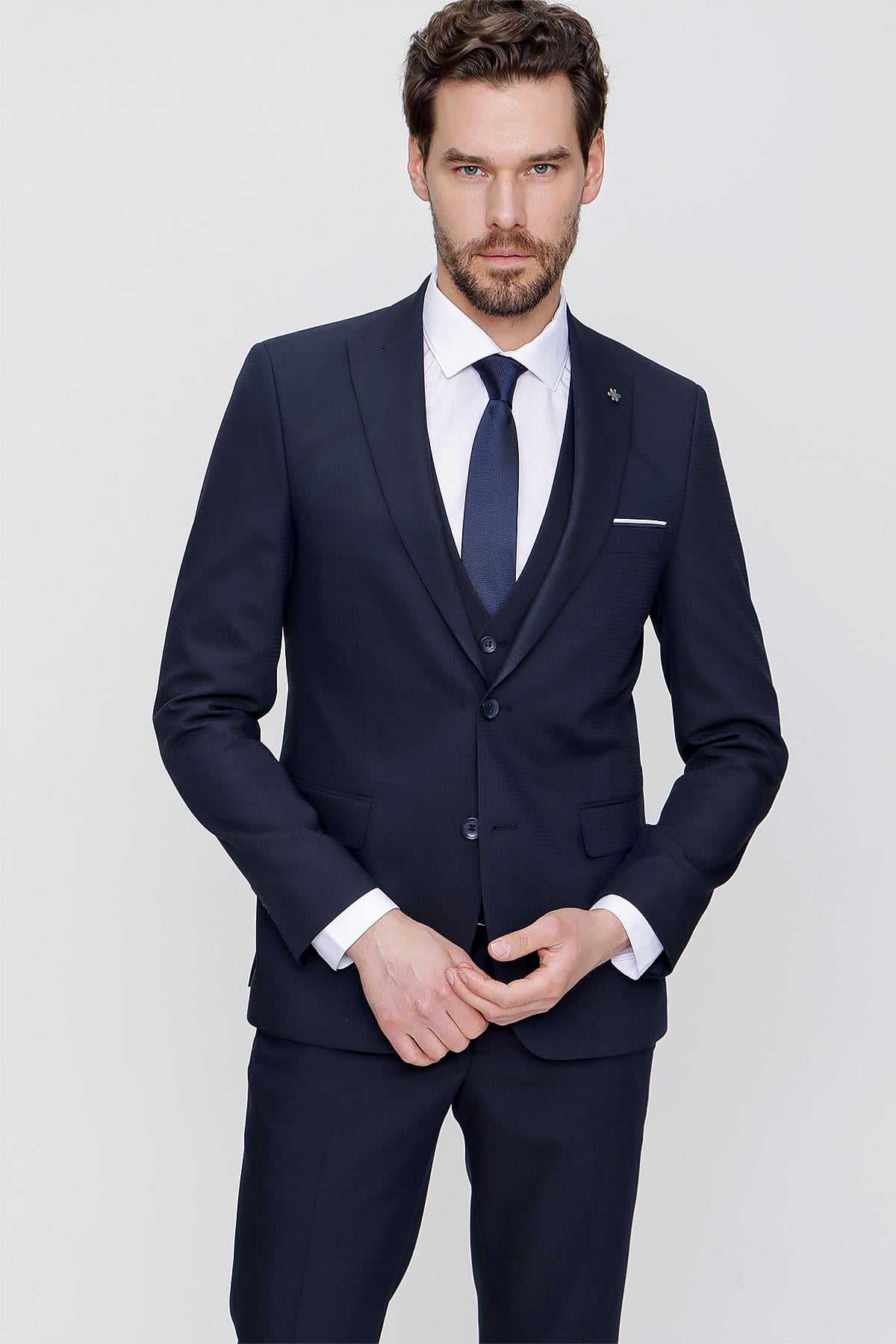Lacivert Yelekli Jakarlı Slim Fit Dar Kesim 6 Drop Erkek Takım Elbise