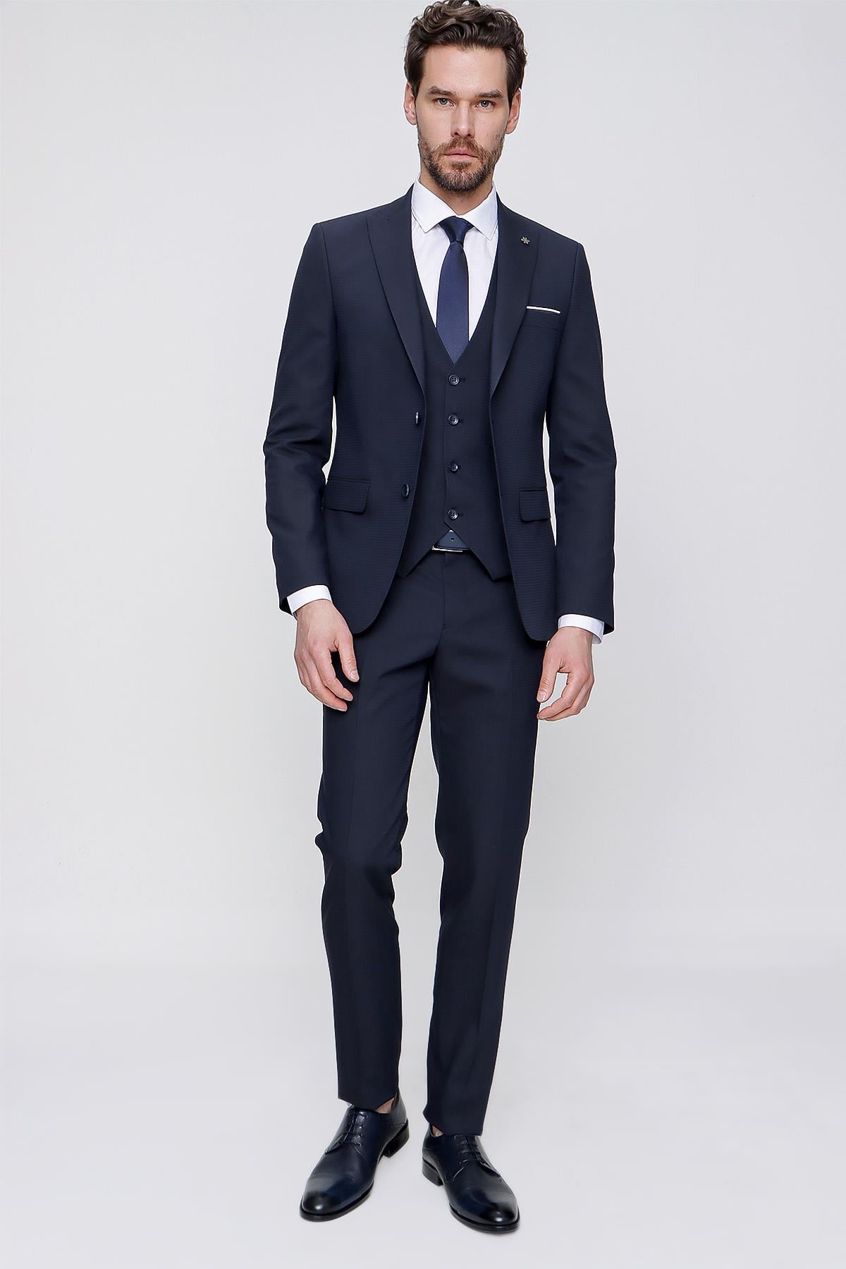 Lacivert Yelekli Jakarlı Slim Fit Dar Kesim 6 Drop Erkek Takım Elbise