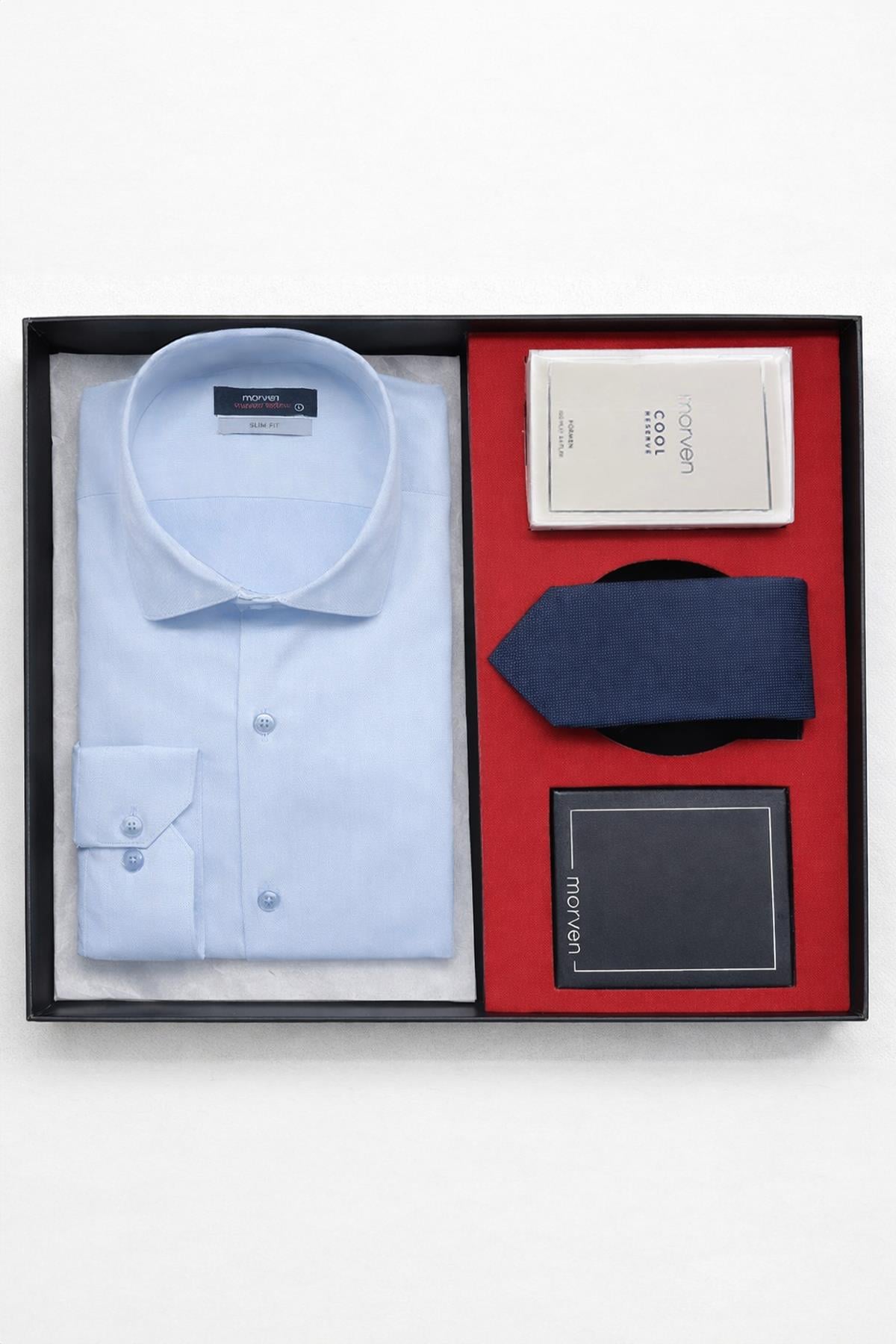 Mavi Erkek Stil Slim Fit Hediye Kutulu Gömlek, Kravat, Parfüm Ve Cüzdan Seti
