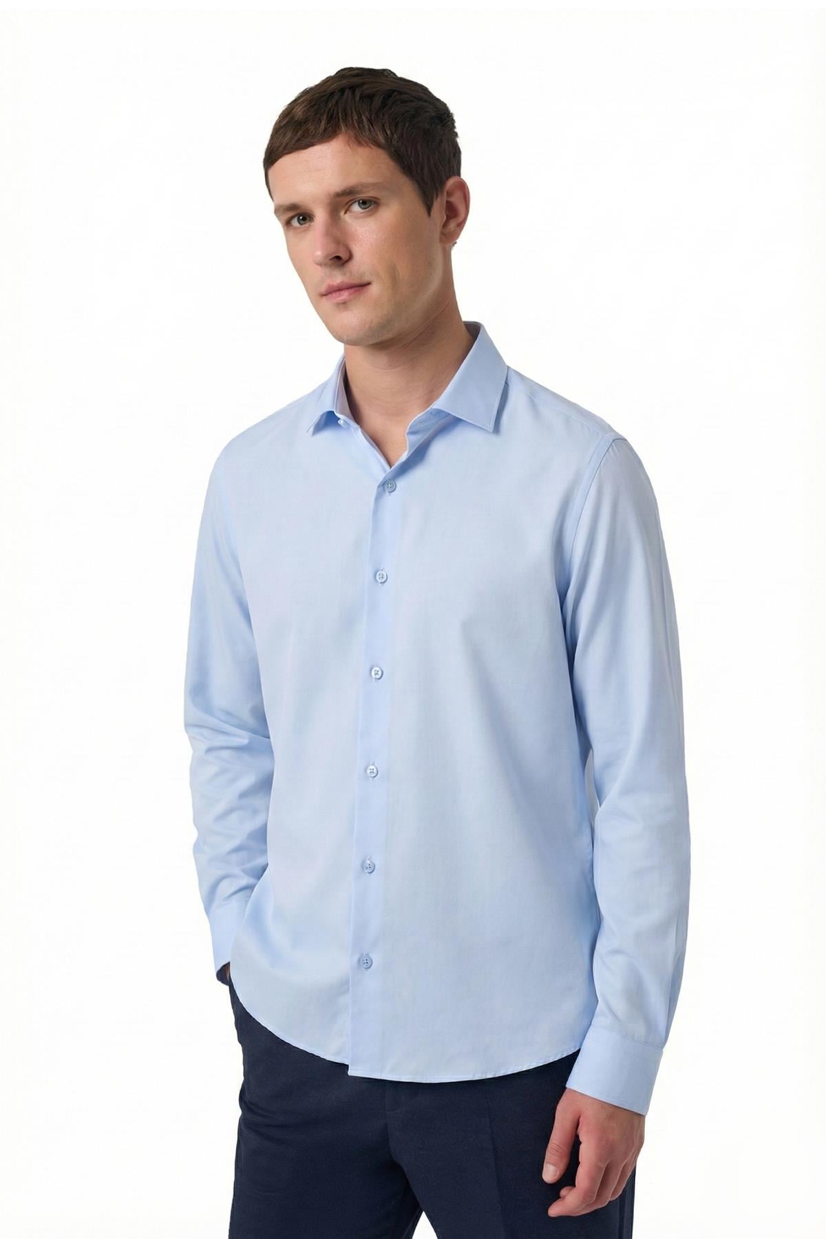 Mavi Erkek Stil Slim Fit Hediye Kutulu Gömlek, Kravat, Parfüm Ve Cüzdan Seti