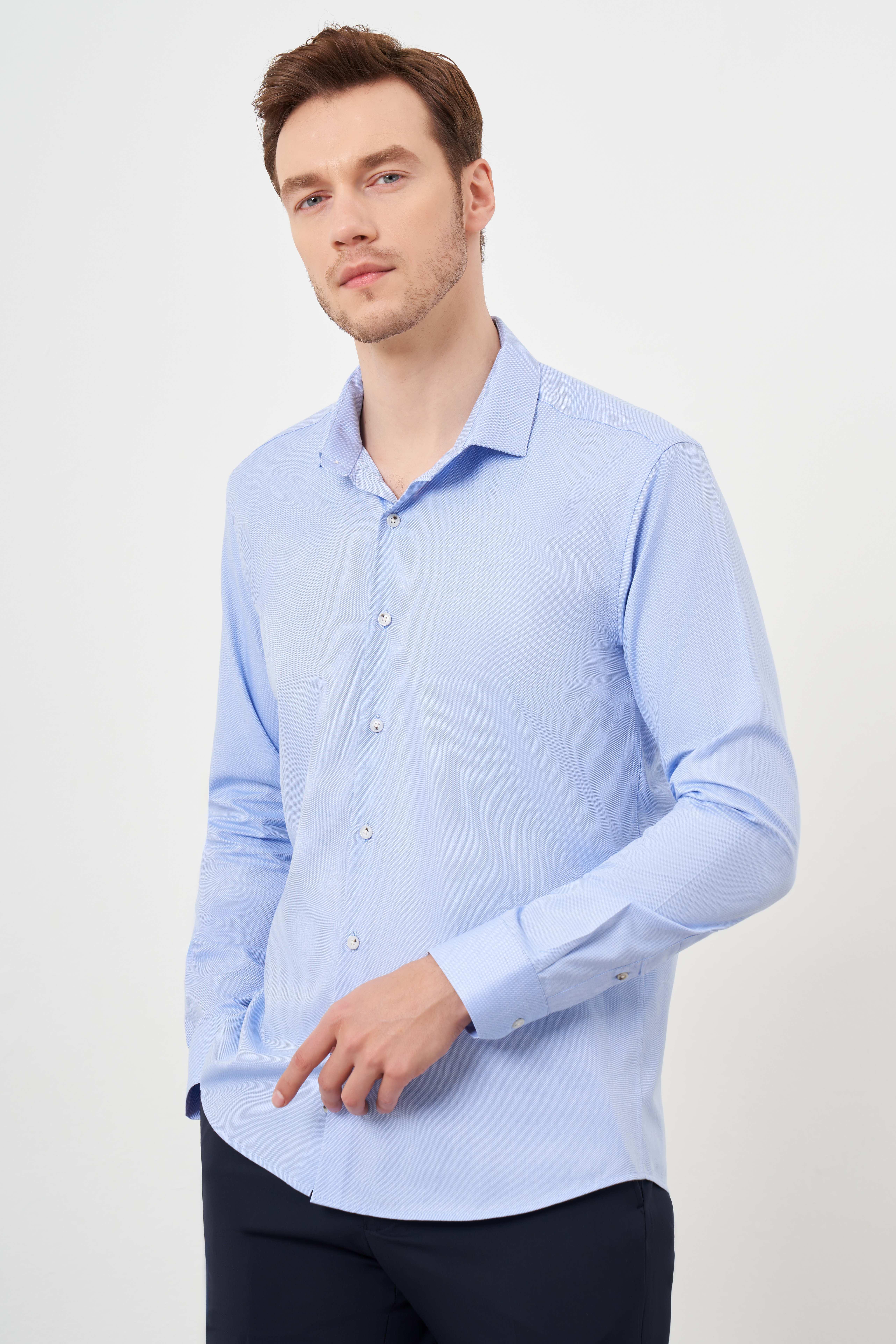 Morven Erkek A. MAVİ Pamuk Baskılı Desenli  İtalyan Yaka Slim Fit Gömlek