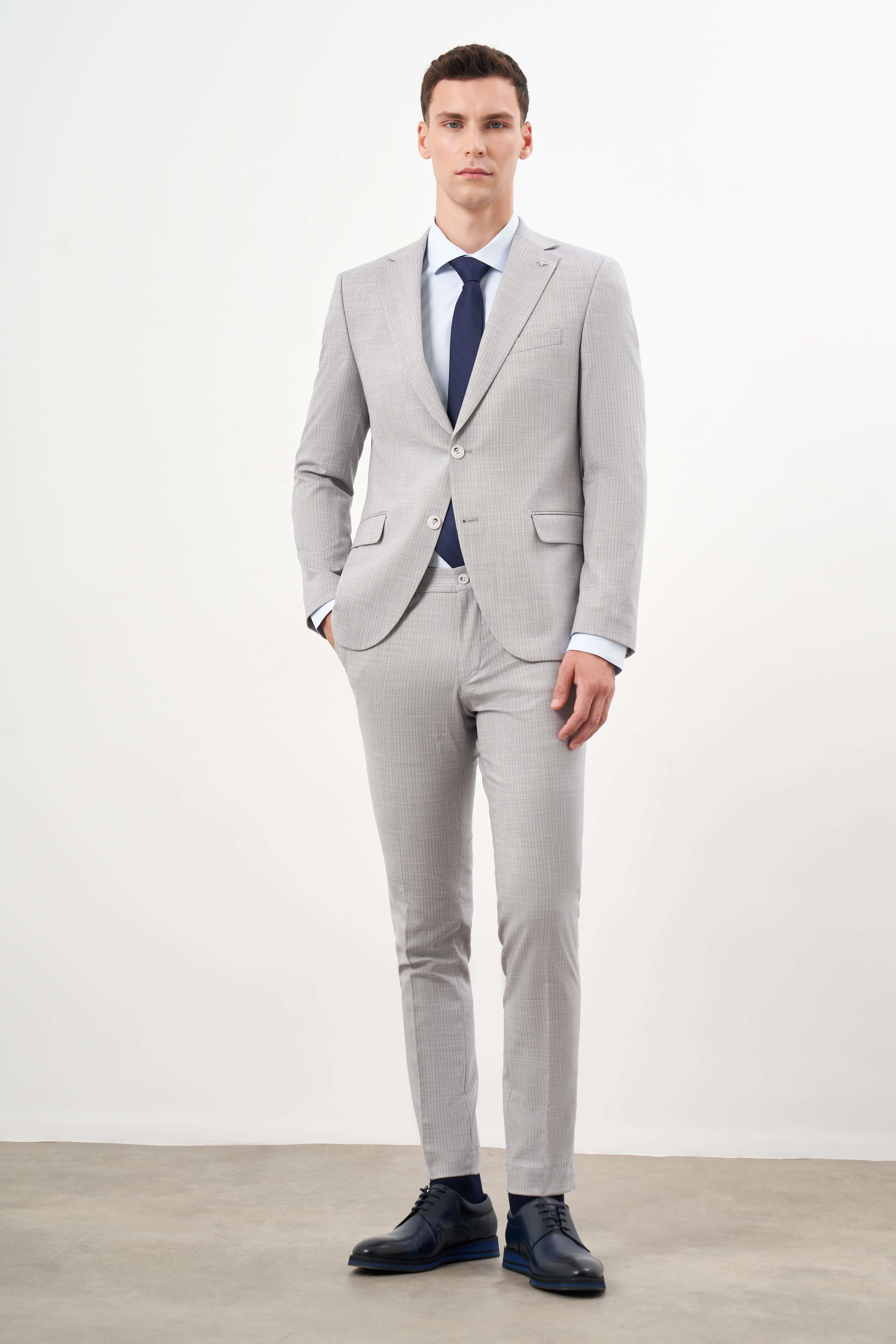 Morven Erkek A. MAVİ Poliviskon Trend Çizgili Desen Slim Fit Mono Yaka Takım Elbise