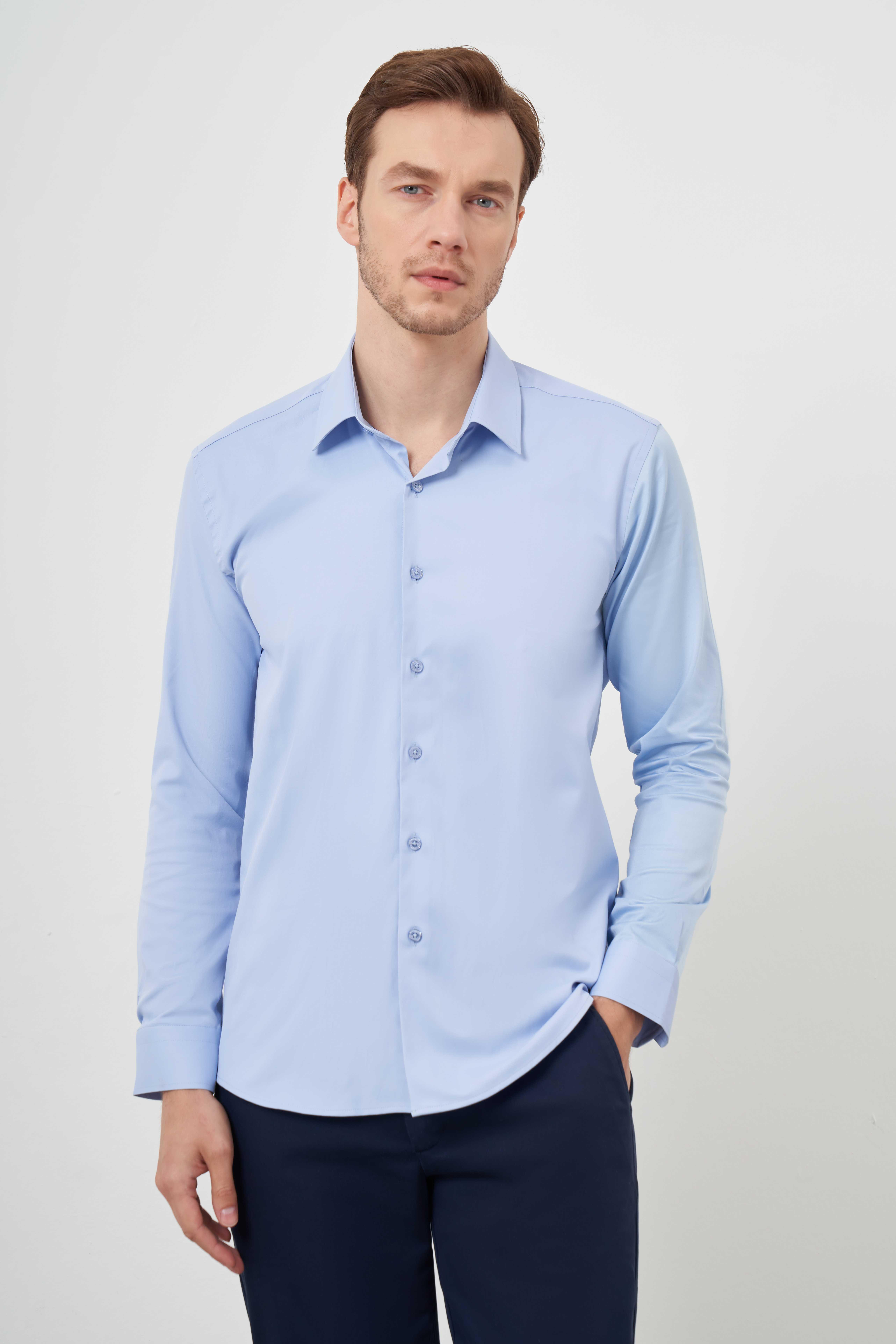 Morven Erkek A. MAVİ Pamuk Düz Desen İtalyan Yaka Slim Fit  Gömlek