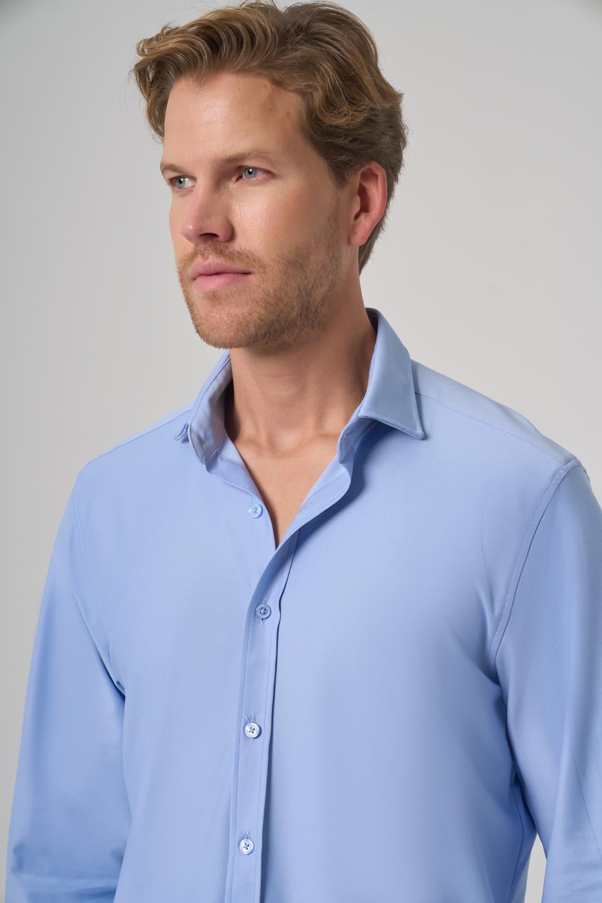 Morven Erkek A. MAVİ Trend Düz Slim Fit Tam İtalyan Yaka Gömlek
